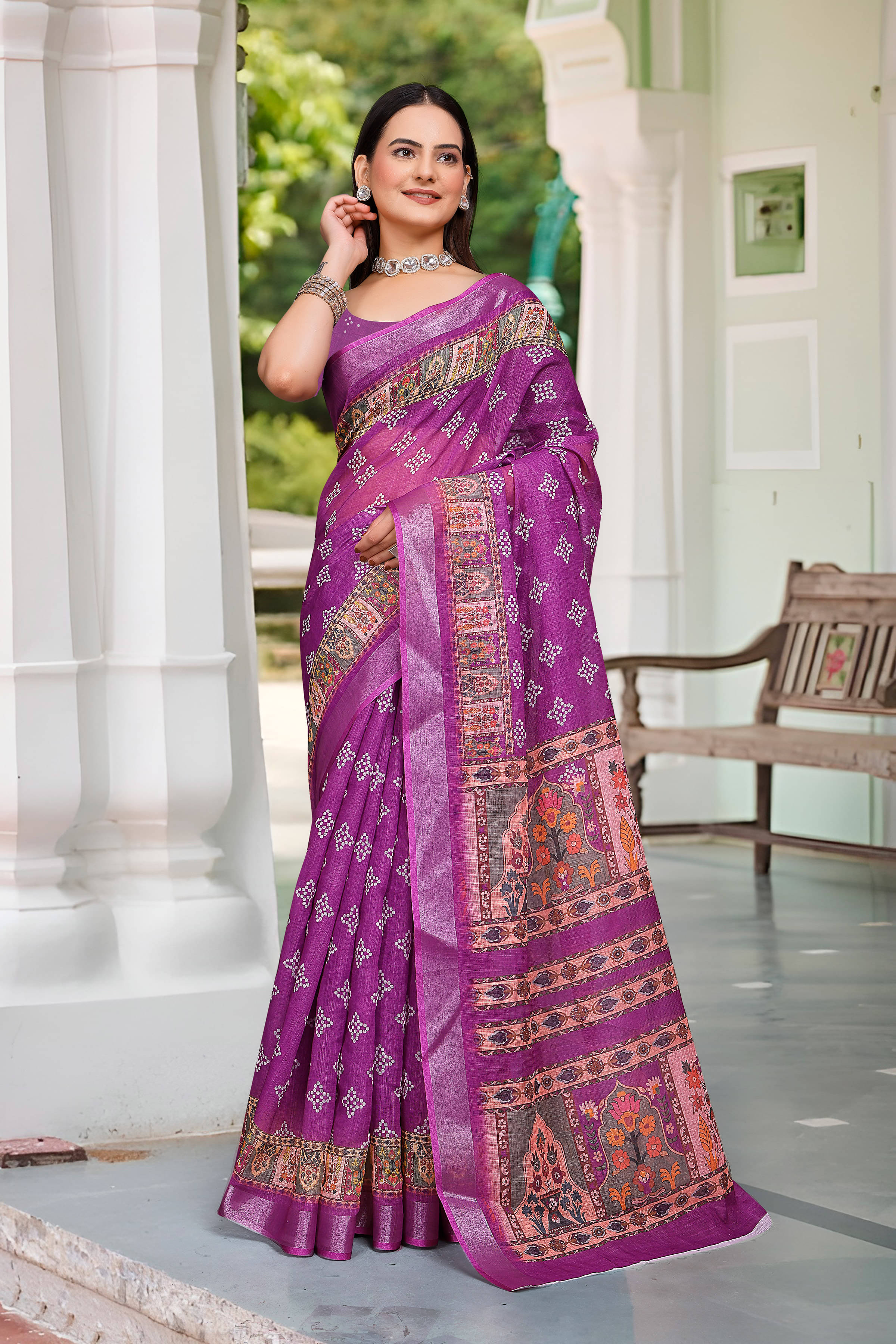     			Celeb Styles Linen Printed Regular Saree With Unstitched Blouse Piece ( Purple )