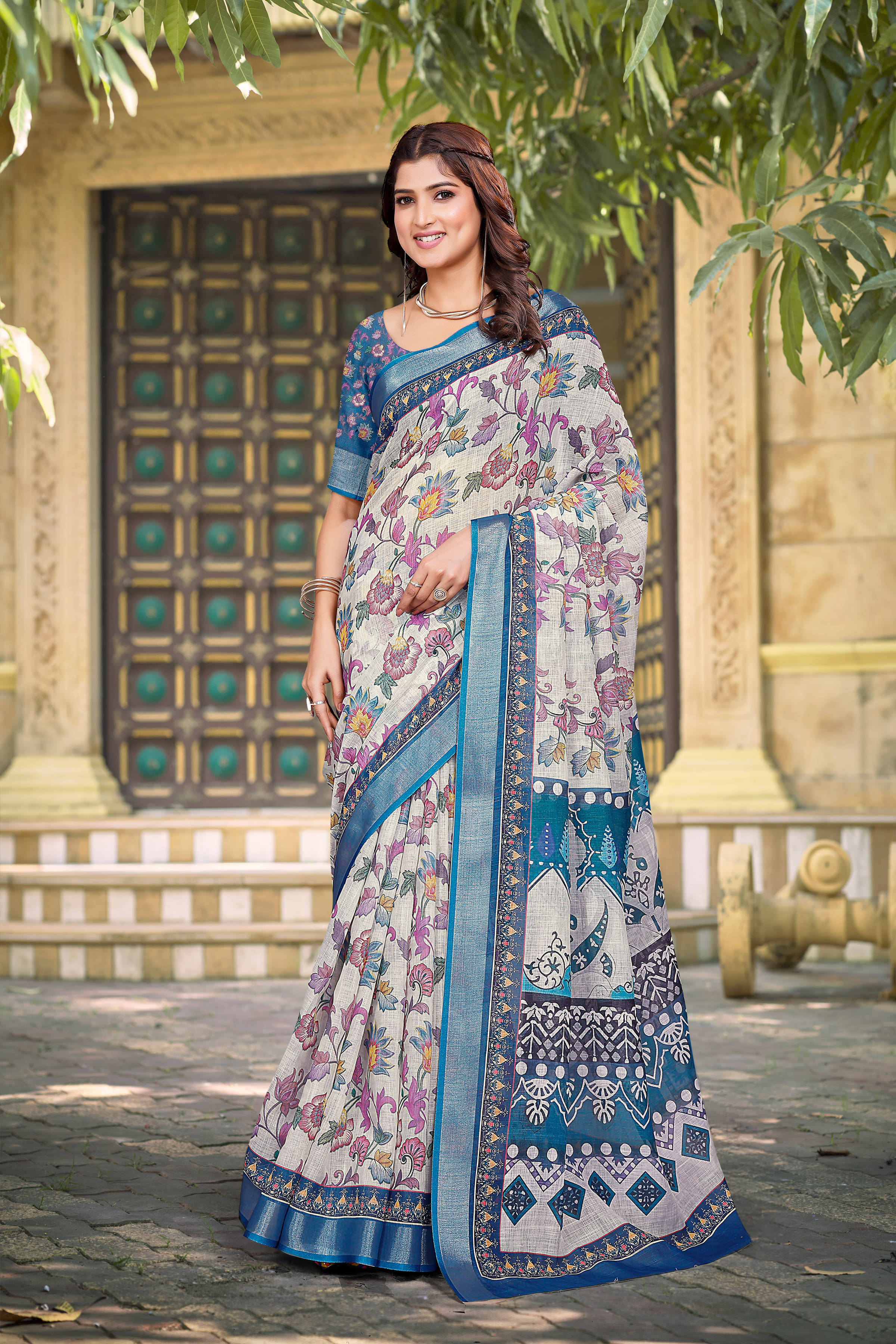 Celeb Styles Linen Printed Regular Saree With Unstitched Blouse Piece ( Teal ) Celeb Styles Linen Printed Regular Saree With Unstitched Blouse Piece ( Teal )