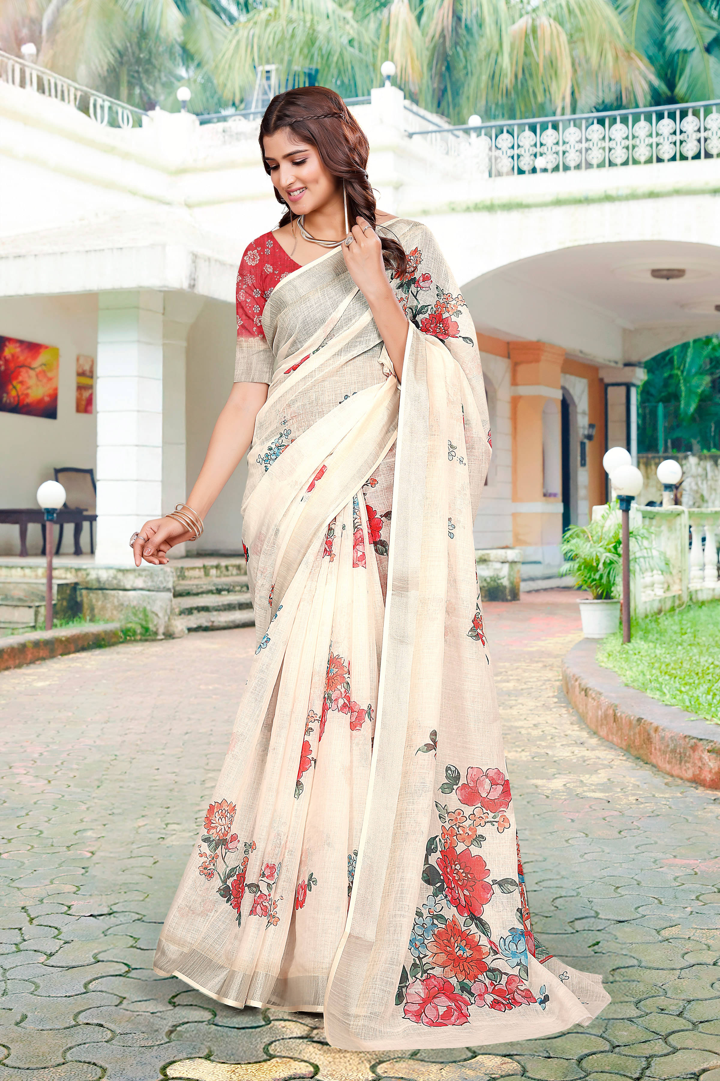     			Celeb Styles Linen Printed Regular Saree With Unstitched Blouse Piece ( Cream )