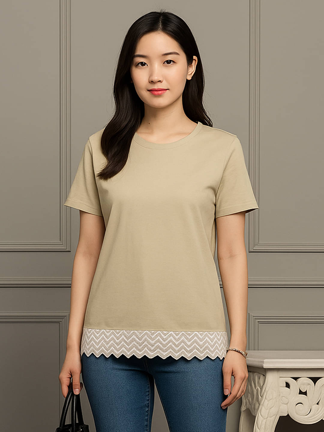     			DTR FASHION Women Cotton Solid Regular Fit Round Neck T-Shirt ( Beige )