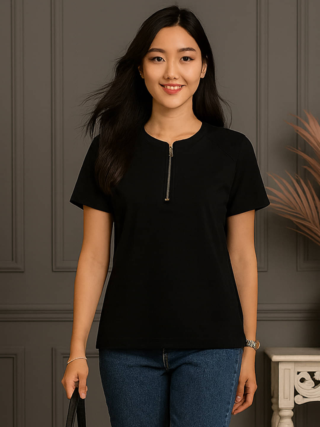     			DTR FASHION Women Cotton Solid Regular Fit Round Neck T-Shirt ( Black )