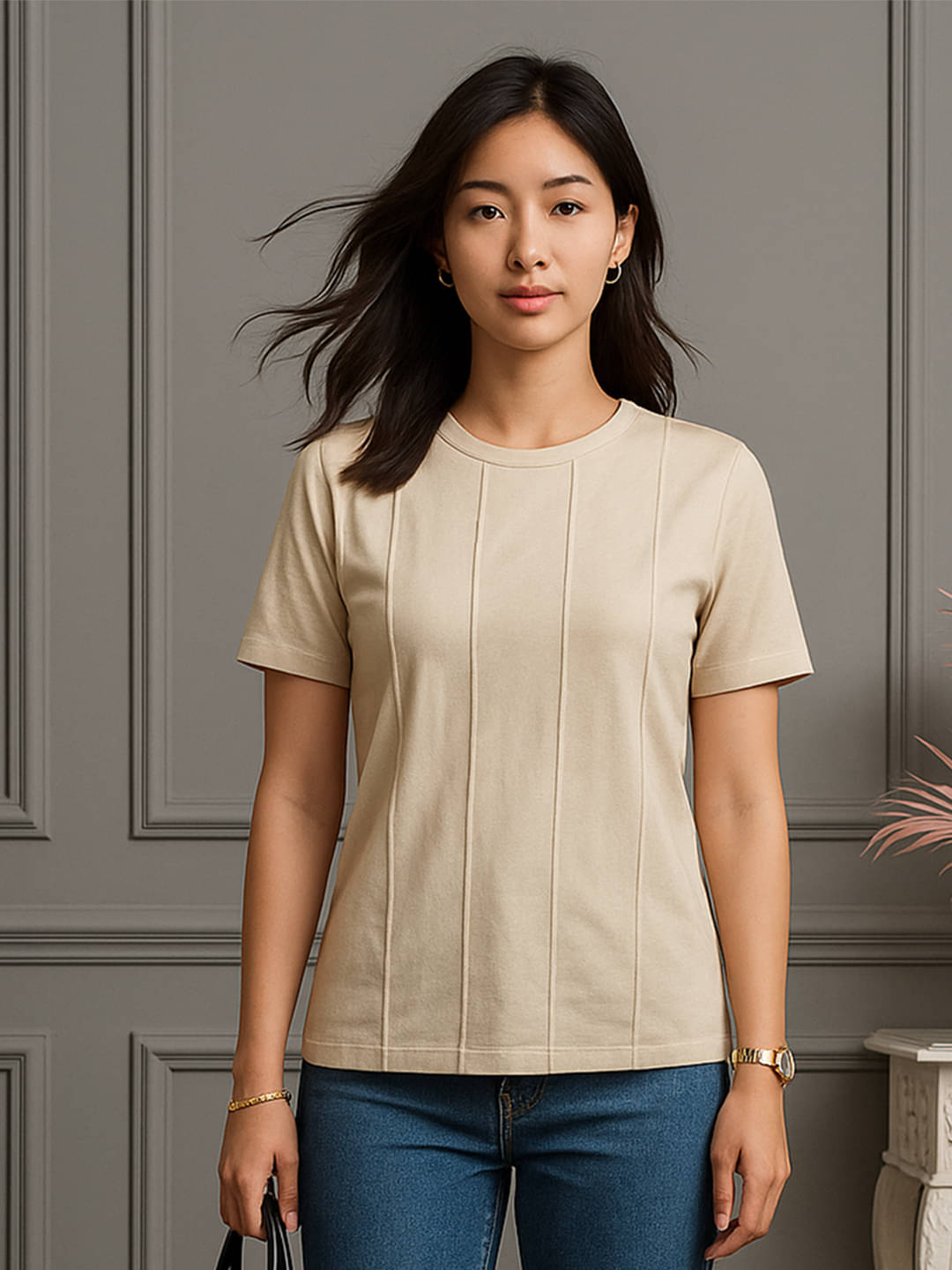     			DTR FASHION Women Cotton Solid Regular Fit Round Neck T-Shirt ( Beige )