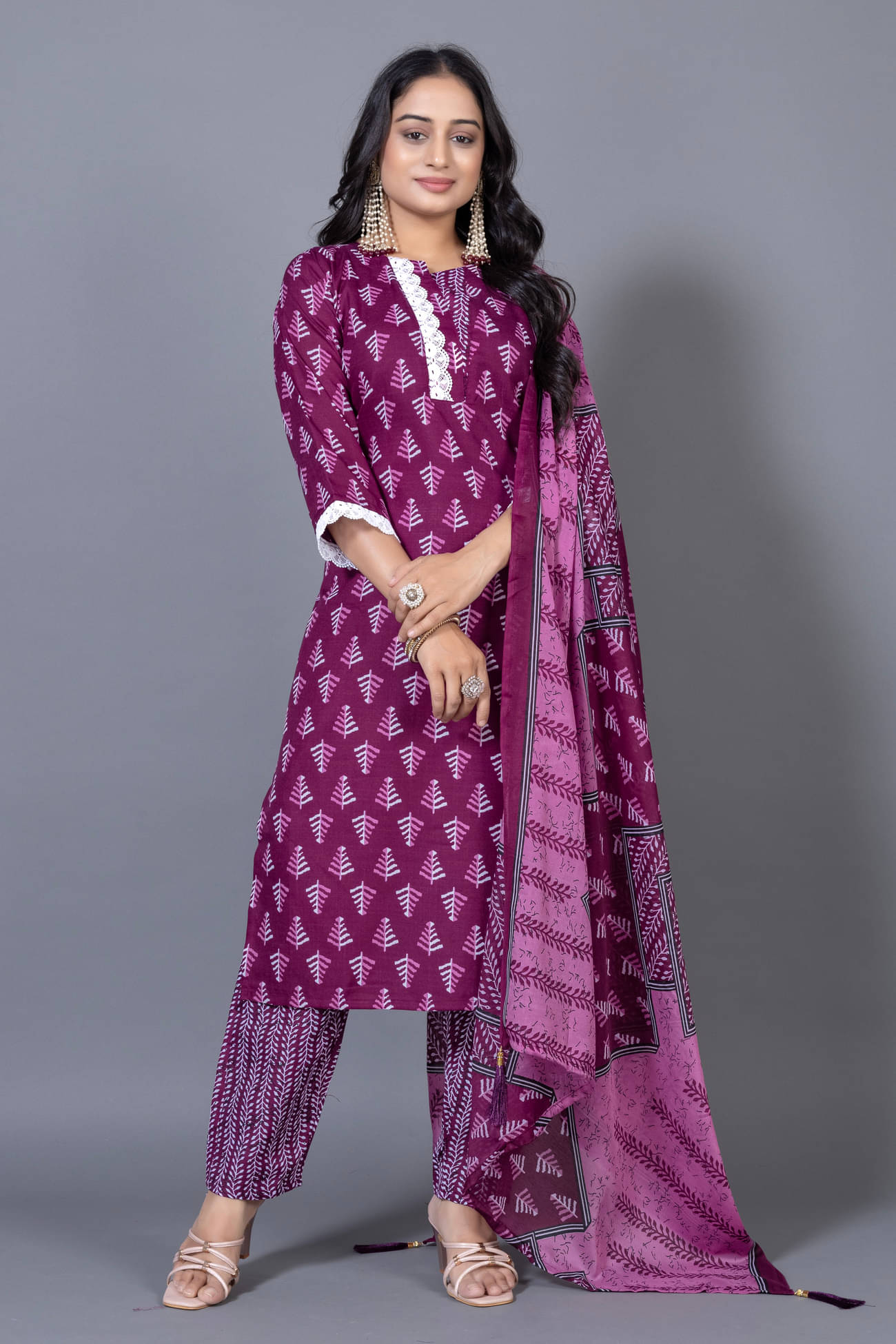    			Devakii Women Cotton Blend Printed Straight Kurti With Pants ( Purple )