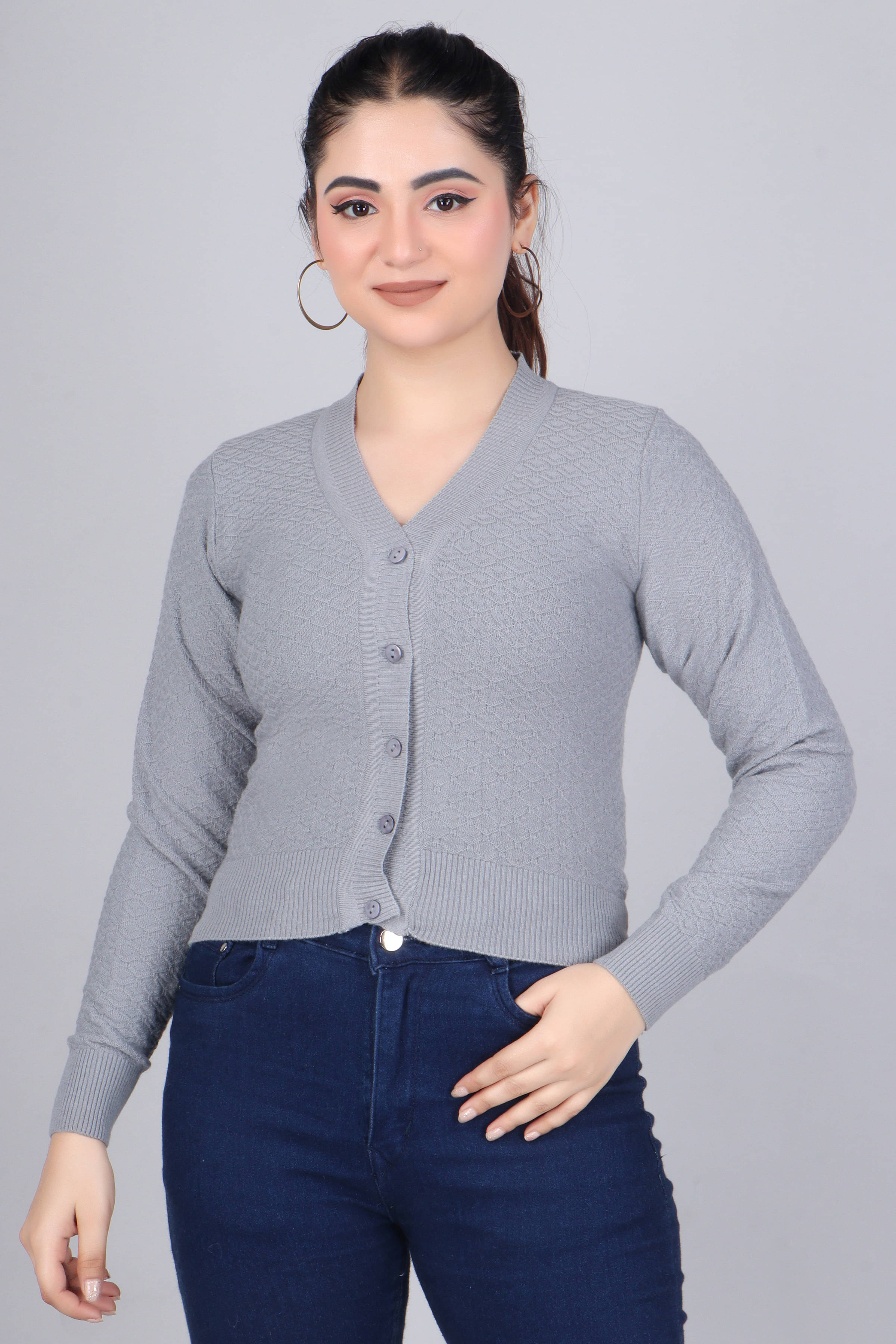     			FEVERFEW Viscose Blend V Neck Women's Cardigans Dress - Grey ( Pack of 1 )