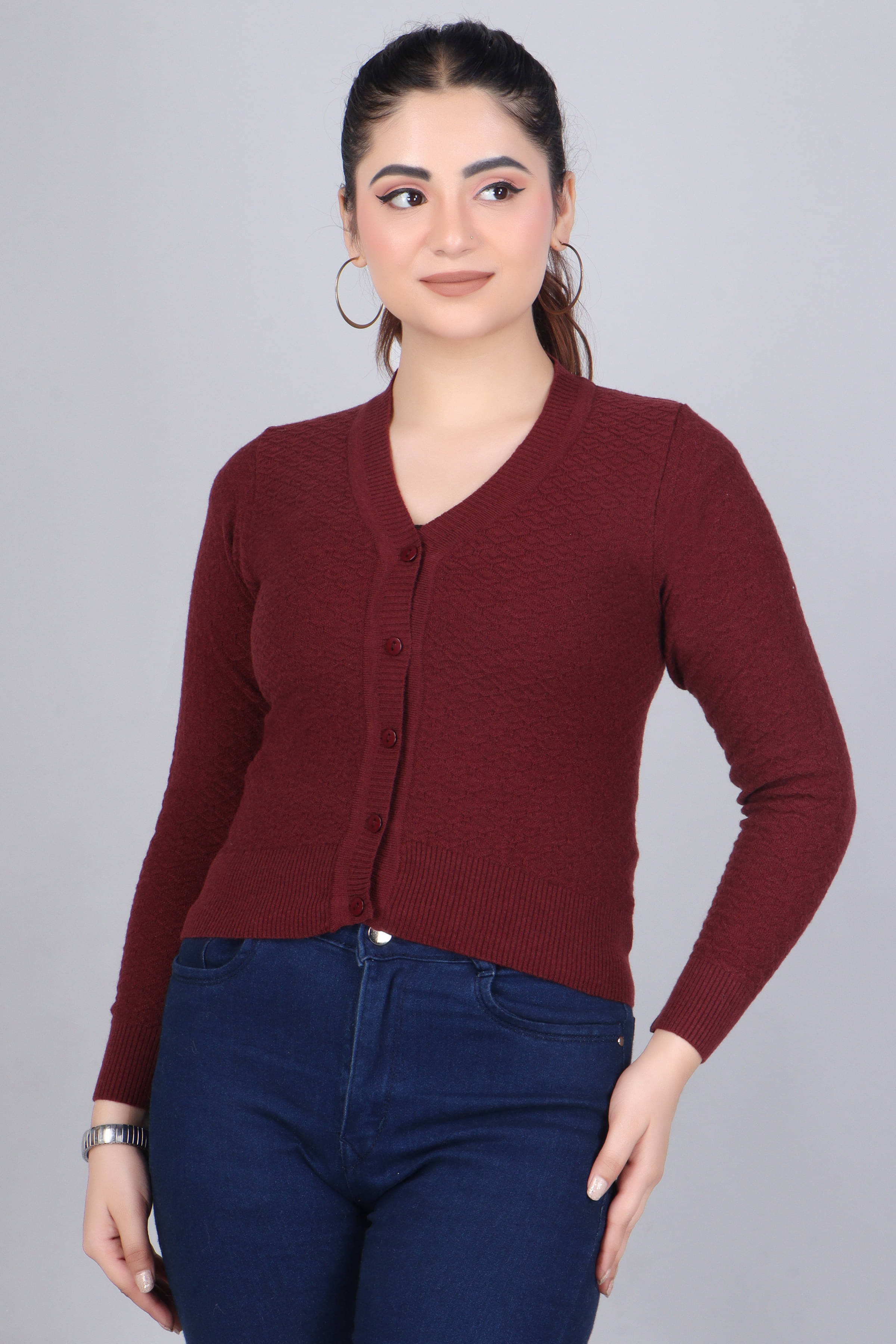     			FEVERFEW Viscose Blend V Neck Women's Cardigans Dress - Maroon ( Pack of 1 )