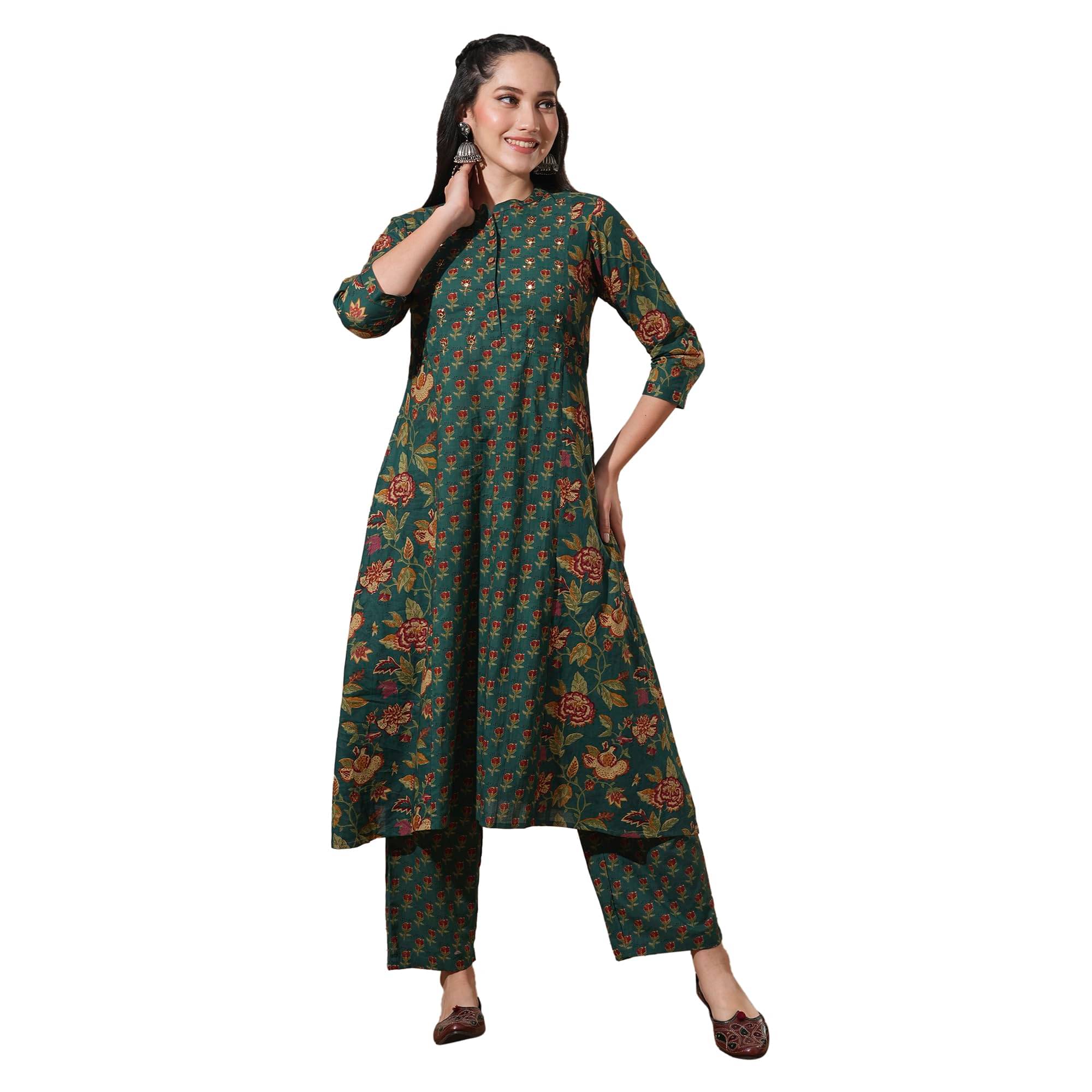 Globus Women Cotton Printed A-Line Kurti With Pants ( Green ) Globus Women Cotton Printed A-Line Kurti With Pants ( Green )