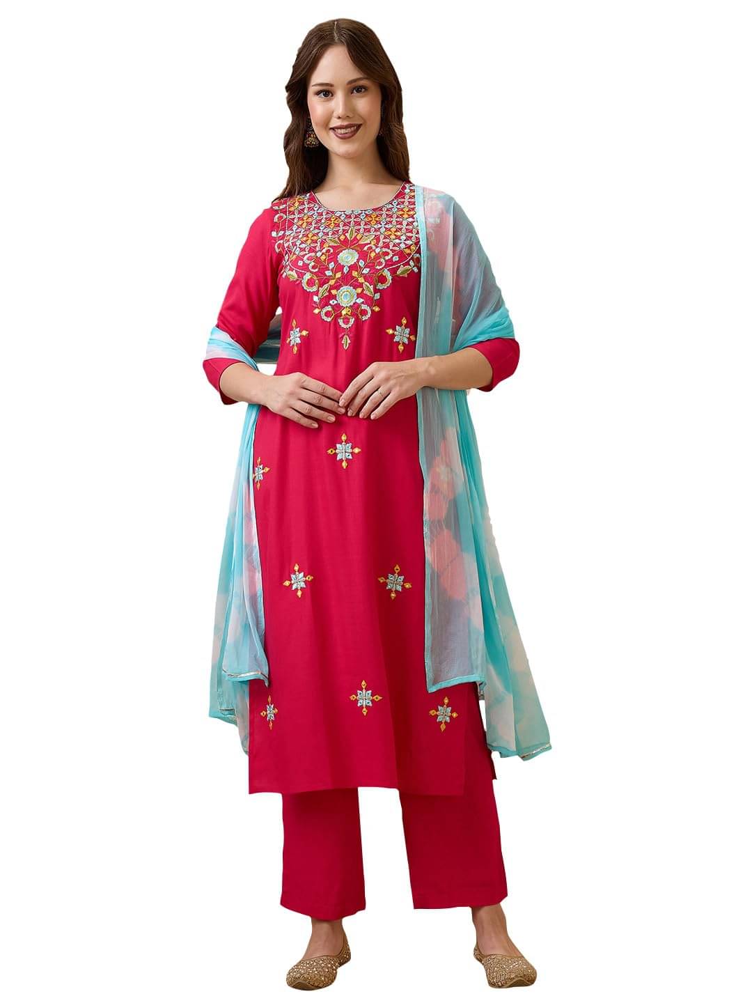     			Globus Women Rayon Solid Straight Kurti With Pants ( Pink )