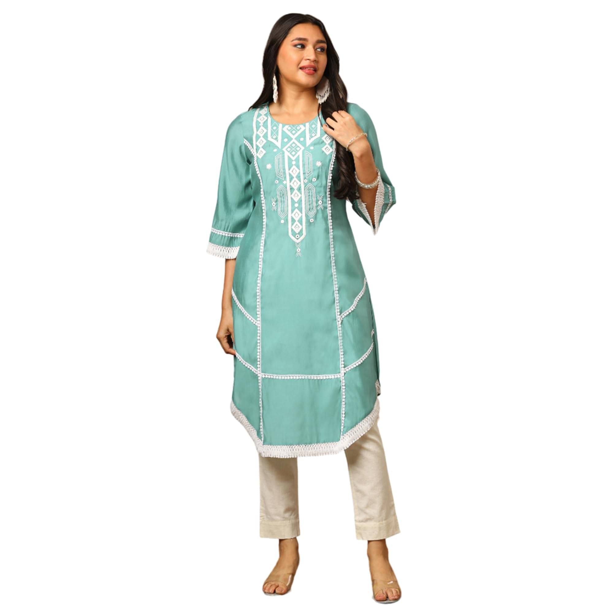 Globus Women Silk Solid A-Line Kurti ( Green ) Globus Women Silk Solid A-Line Kurti ( Green )