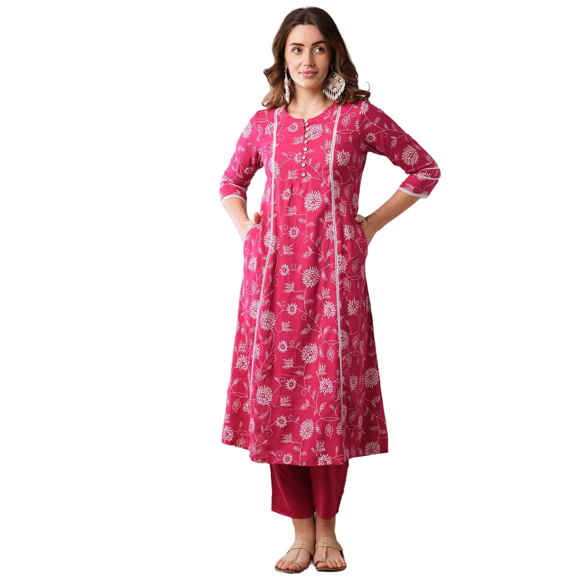 Globus Women Viscose Solid A-Line Kurti With Pants ( Pink )     			Globus Women Viscose Solid A-Line Kurti With Pants ( Pink )