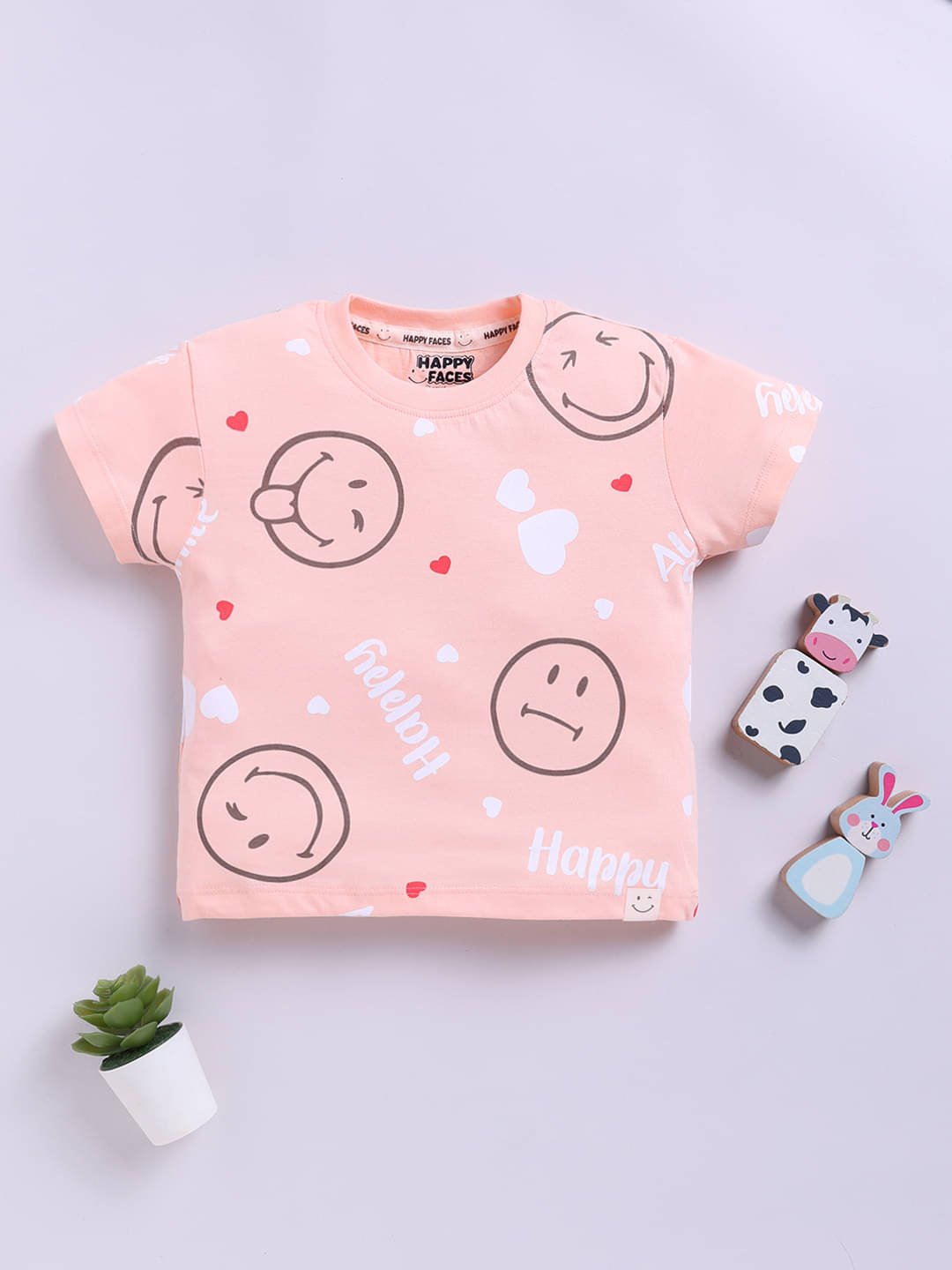     			HAPPY FACES Pack of 1 Girls Cotton Top ( Peach )