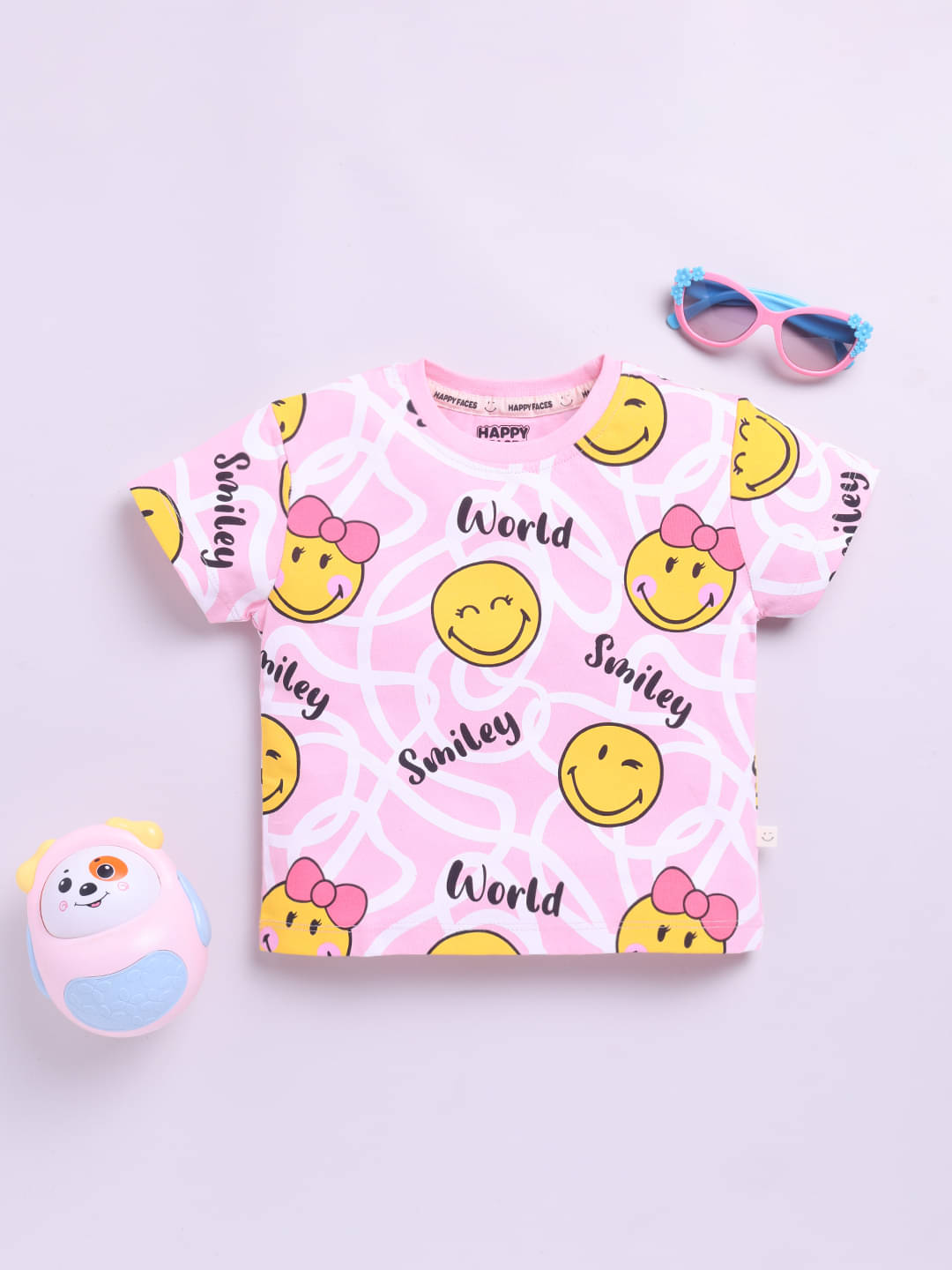     			HAPPY FACES Pack of 1 Girls Cotton Top ( Pink )