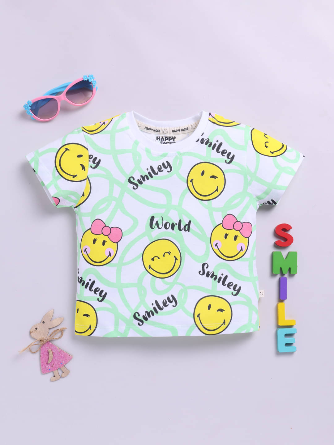     			HAPPY FACES Pack of 1 Girls Cotton Top ( White )