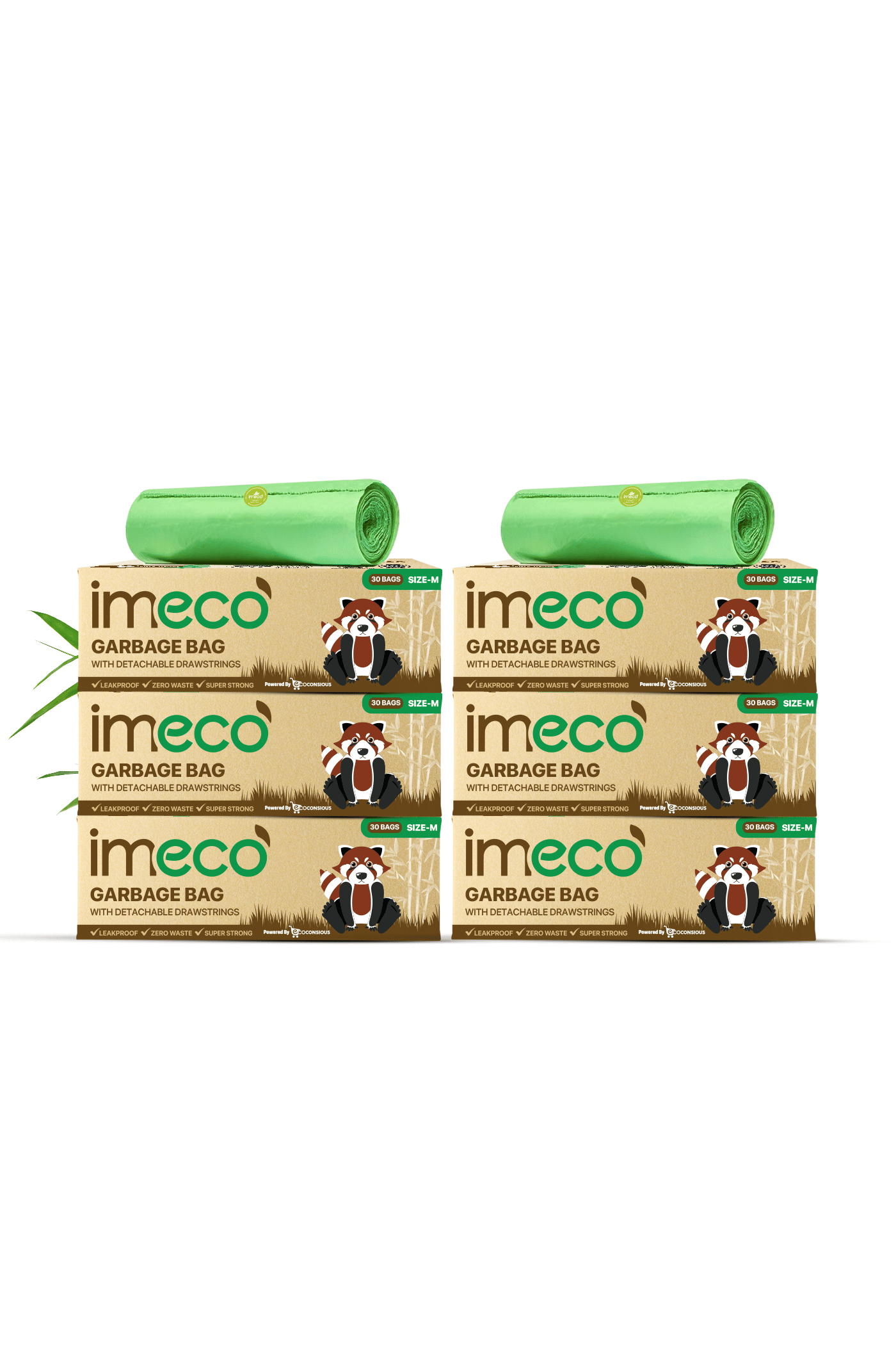     			IMECO Eco-Friendly Garbage Bags | 180 Pcs | Medium - 19 x 21 Inches | 30 Pcs x 6 Rolls | Green | Dustbin/Trash Bags with Detachable Drawstrings | Perfect for Dry & Wet Waste
