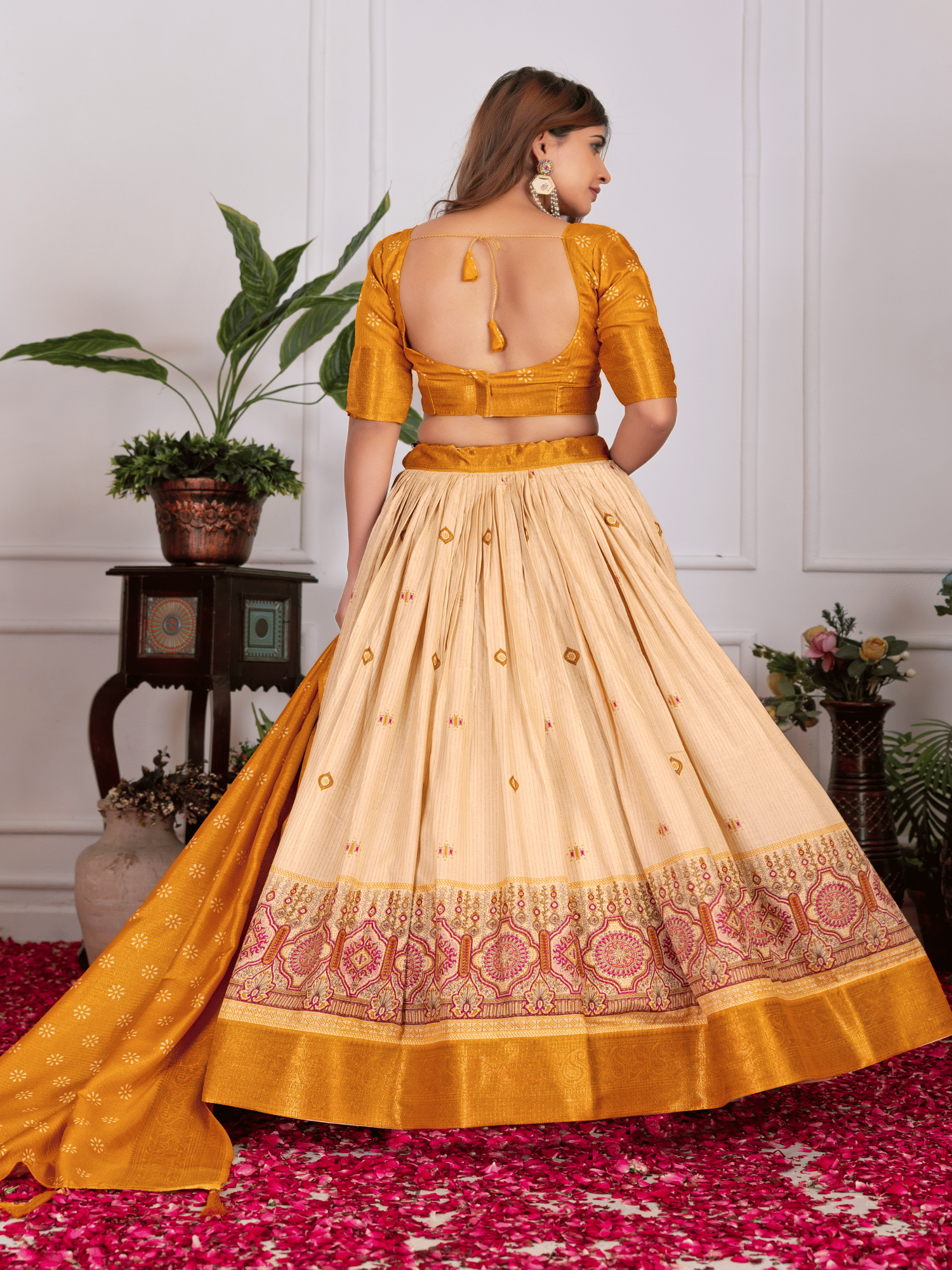     			INDIAN SILKS Women Tussar Silk Flared Semi Stitched Lehenga Choli ( Yellow )