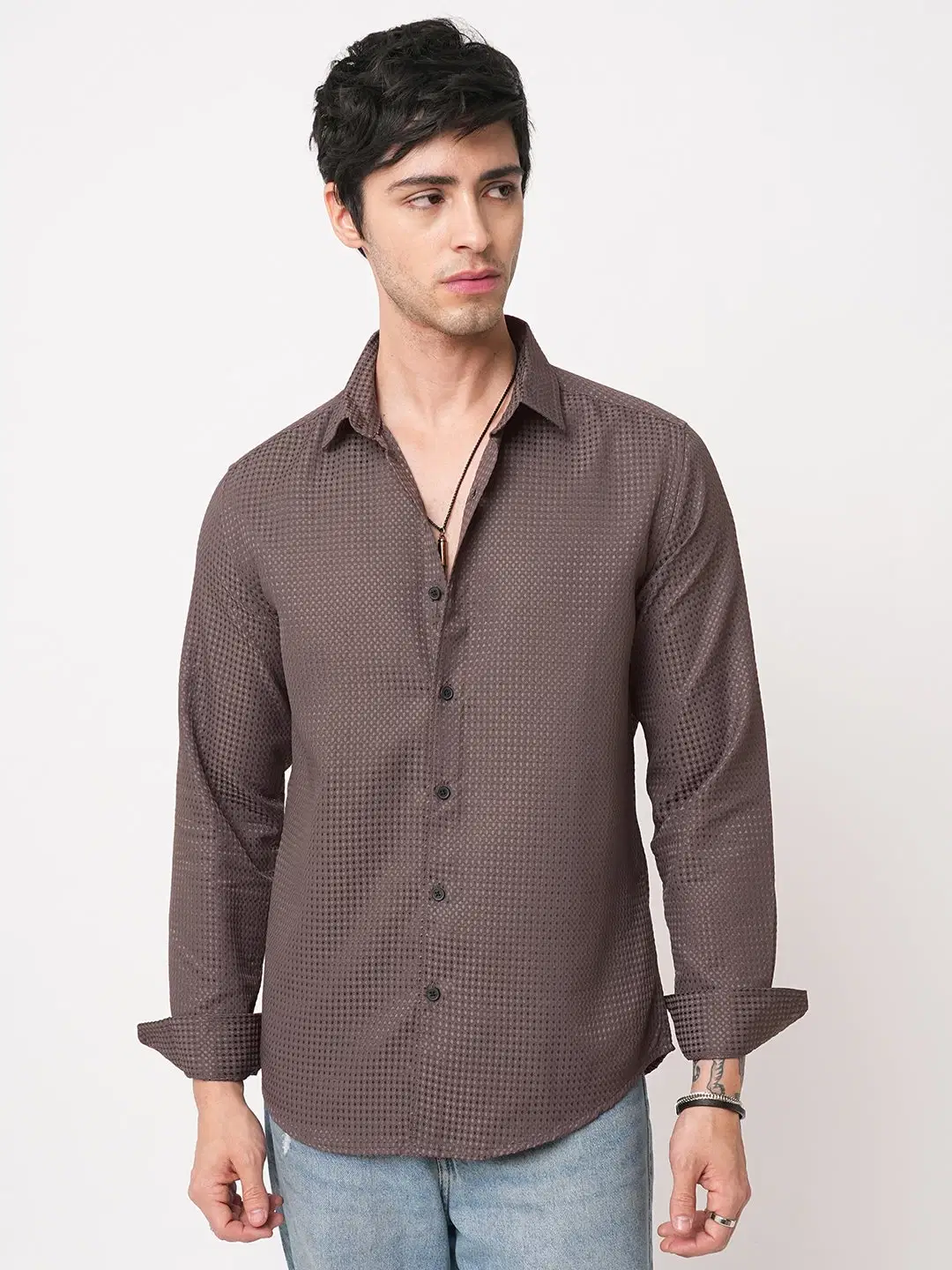    			INDICLUB Poly Cotton Regular Fit Self Design Full Sleeves Men's Casual Shirt - Brown ( Pack of 1 )