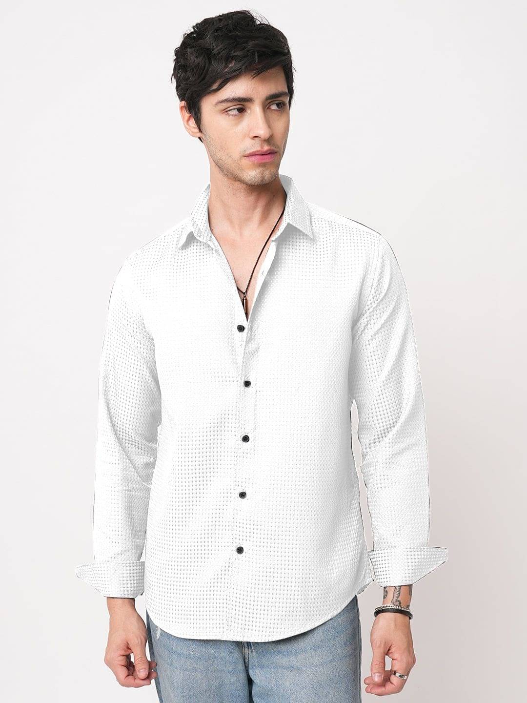 INDICLUB Poly Cotton Regular Fit Self Design Full Sleeves Men's Casual Shirt - White ( Pack of 1 )     			INDICLUB Poly Cotton Regular Fit Self Design Full Sleeves Men's Casual Shirt - White ( Pack of 1 )