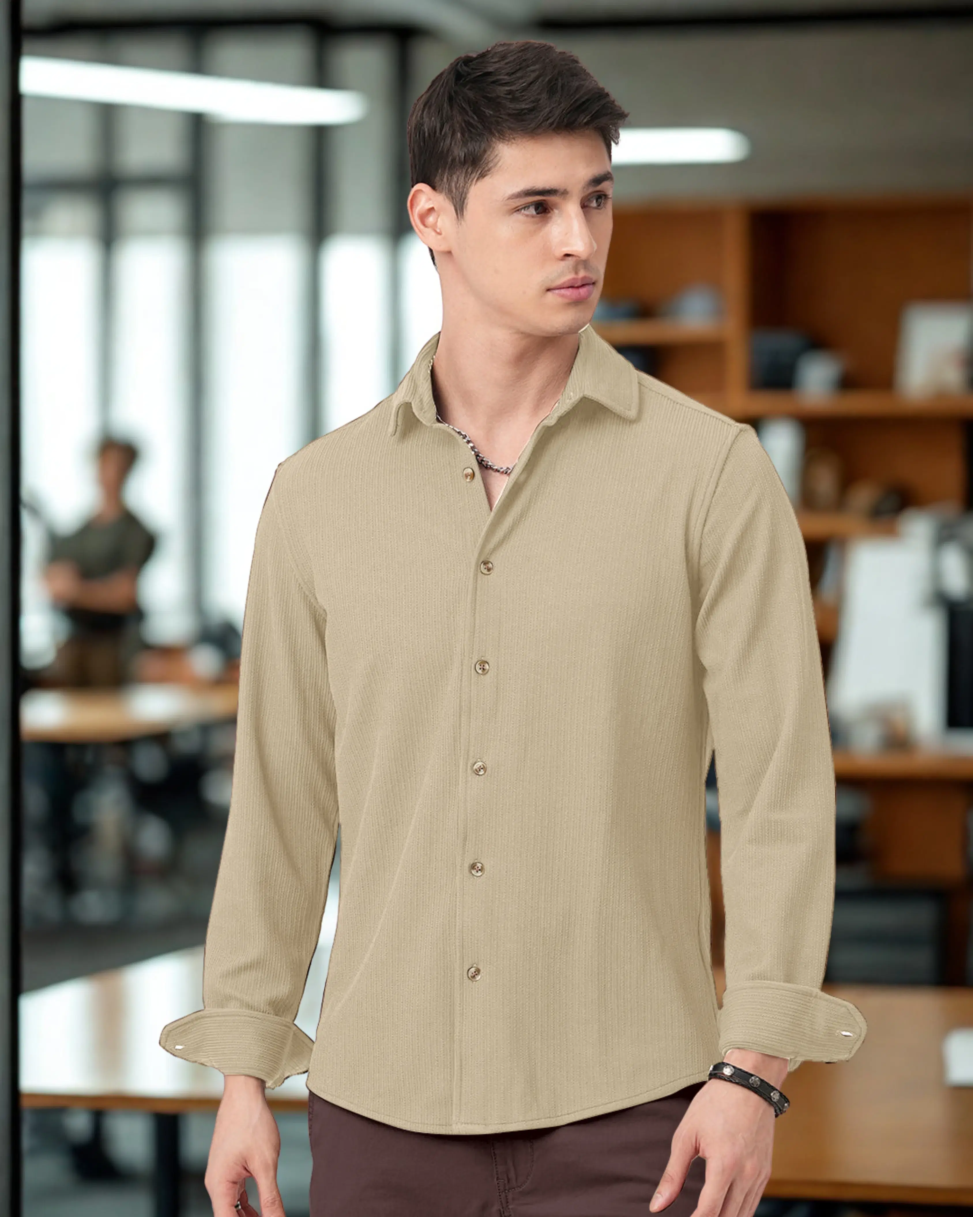     			INDICLUB Poly Cotton Regular Fit Self Design Full Sleeves Men's Casual Shirt - Khaki ( Pack of 1 )