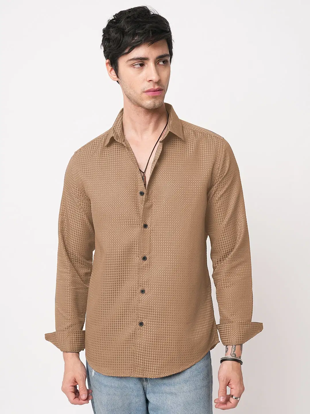     			INDICLUB Poly Cotton Regular Fit Self Design Full Sleeves Men's Casual Shirt - Khaki ( Pack of 1 )