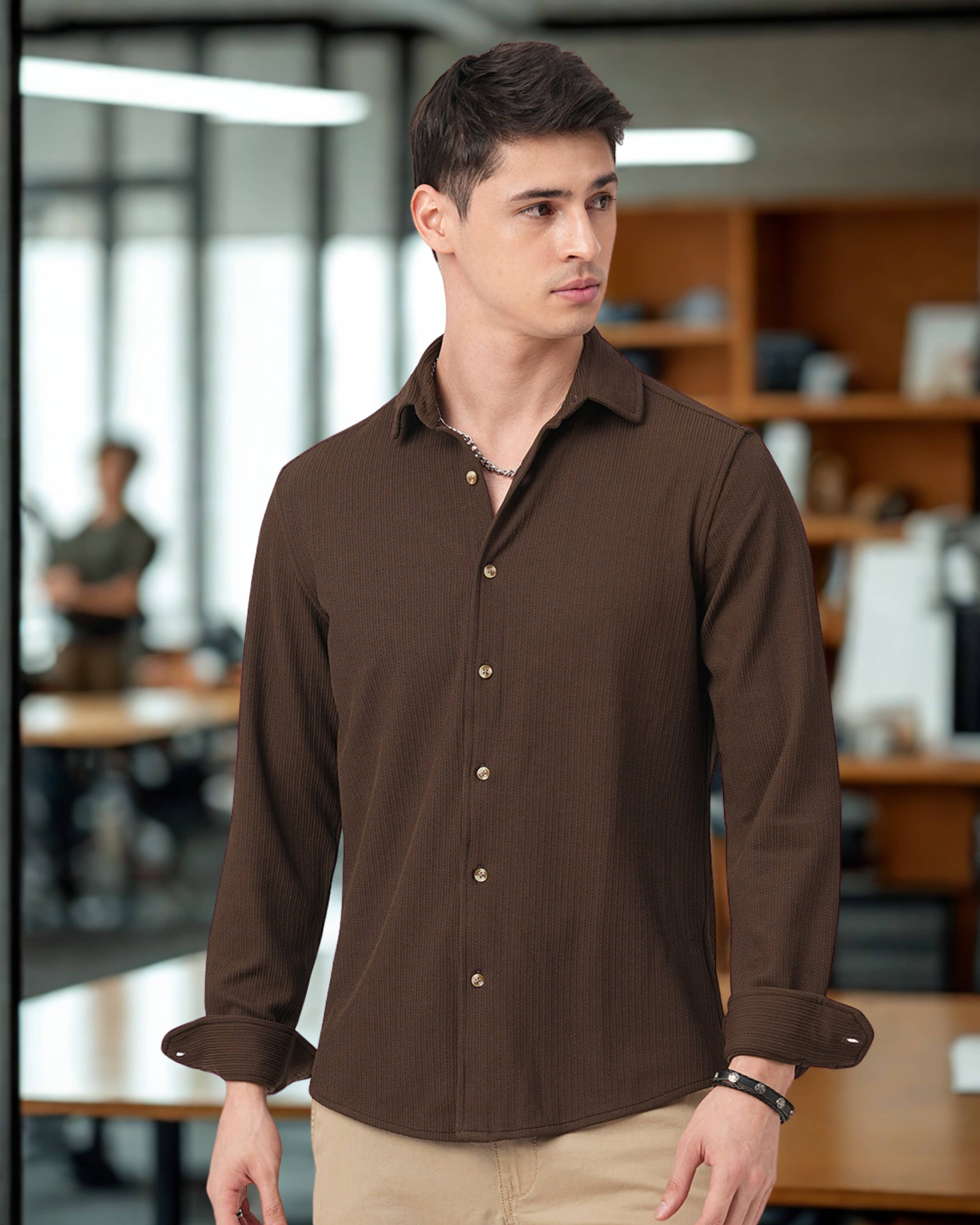 INDICLUB Poly Cotton Regular Fit Self Design Full Sleeves Men's Casual Shirt - Brown ( Pack of 1 )
