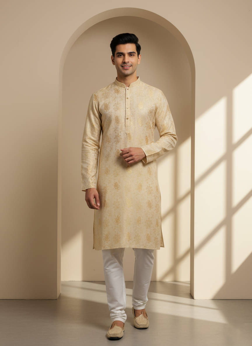 JUGG JUGG JEEYO Beige Blended Fabric Regular Fit Men's Kurta Pyjama Set ( Pack of 1 )     			JUGG JUGG JEEYO Beige Blended Fabric Regular Fit Men's Kurta Pyjama Set ( Pack of 1 )