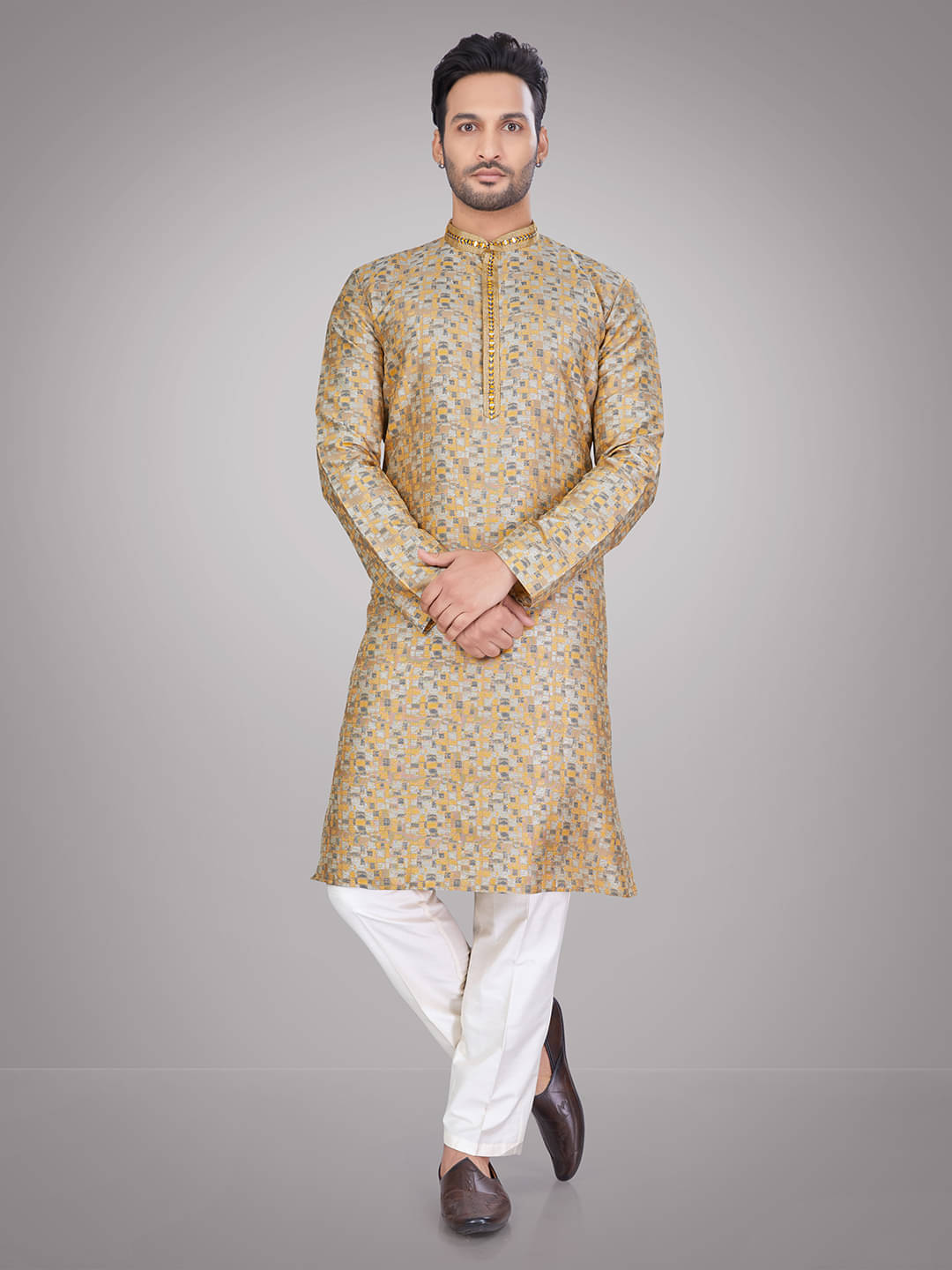 JUGG JUGG JEEYO Yellow Blended Men's Regular Kurta ( Pack of 1 )     			JUGG JUGG JEEYO Yellow Blended Men's Regular Kurta ( Pack of 1 )