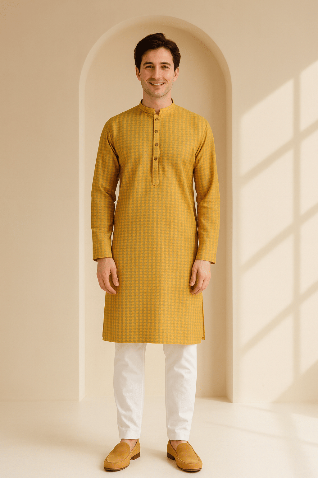 JUGG JUGG JEEYO Yellow Blended Men's Regular Kurta ( Pack of 1 )     			JUGG JUGG JEEYO Yellow Blended Men's Regular Kurta ( Pack of 1 )