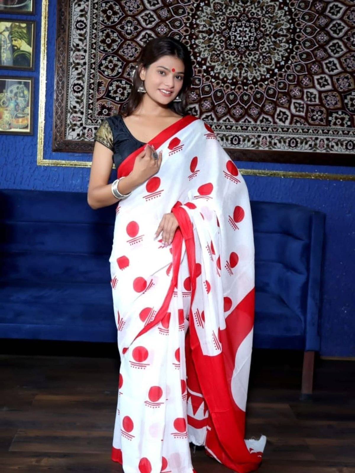     			Krisha Enterprise Chanderi Printed Regular Saree Without Blouse Piece ( White )