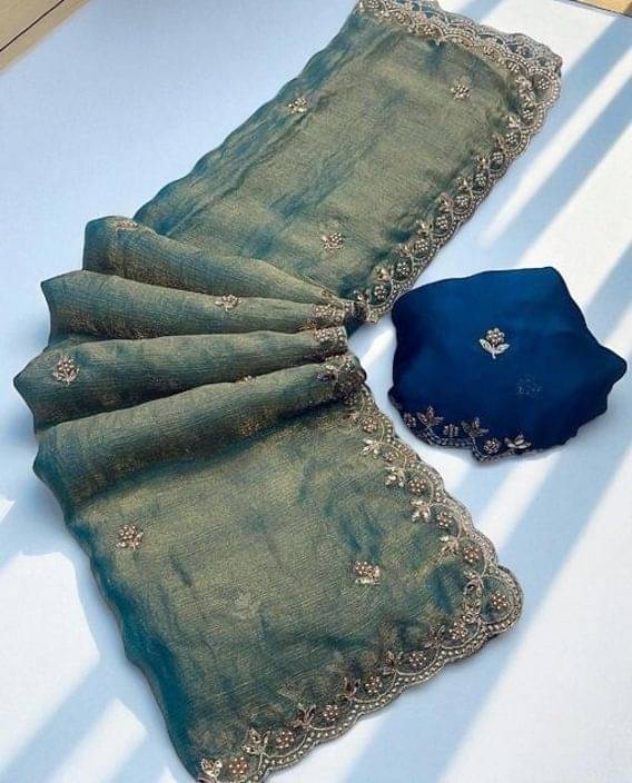     			Krisha Enterprise Chiffon Embellished Regular Saree With Unstitched Blouse Piece ( Blue )