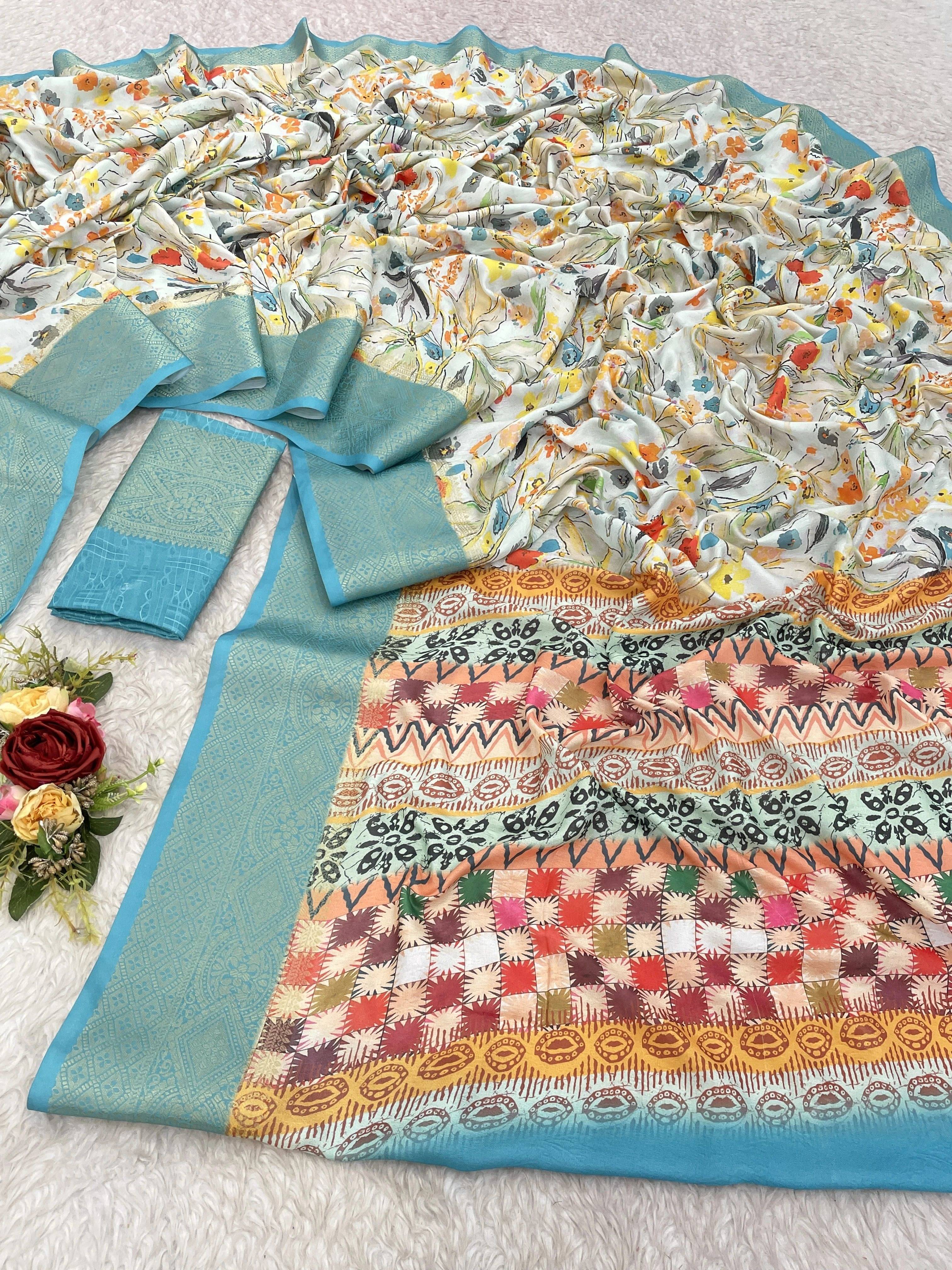 Krisha Enterprise Chiffon Printed Regular Saree With Unstitched Blouse Piece ( Light Blue ) Krisha Enterprise Chiffon Printed Regular Saree With Unstitched Blouse Piece ( Light Blue )