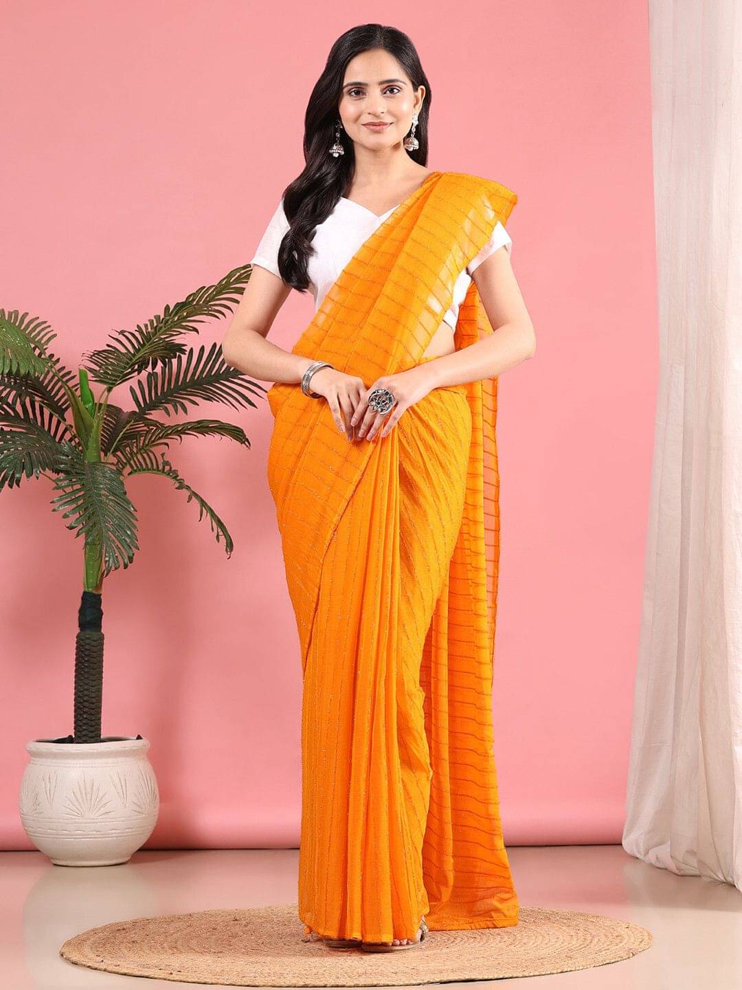     			Krisha Enterprise Chiffon Self Design Regular Saree With Unstitched Blouse Piece ( Gold )