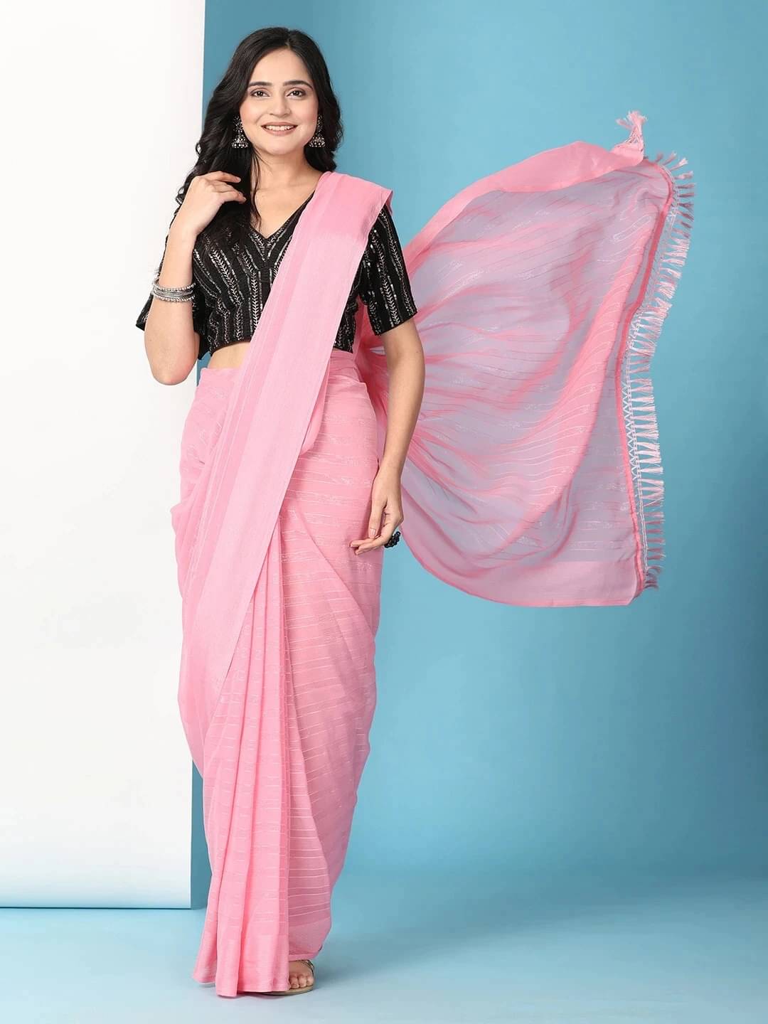     			Krisha Enterprise Chiffon Striped Regular Saree With Stitched Blouse ( Pink )