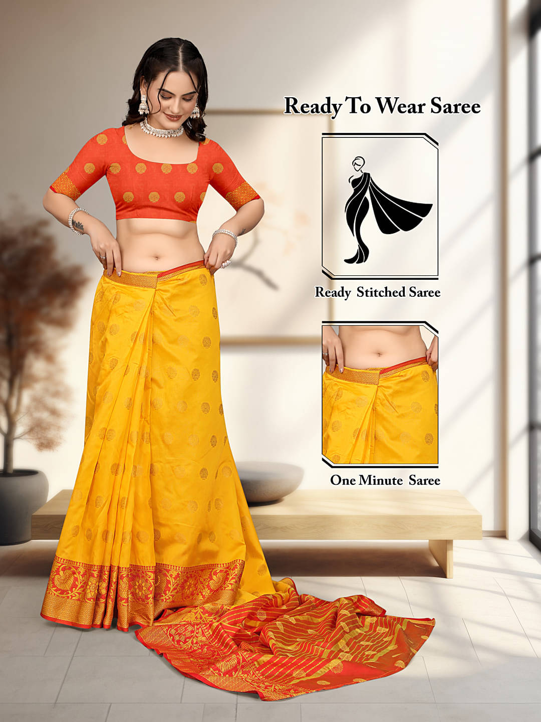     			Krisha Enterprise Cotton Blend Printed Regular Saree With Unstitched Blouse Piece ( Yellow )