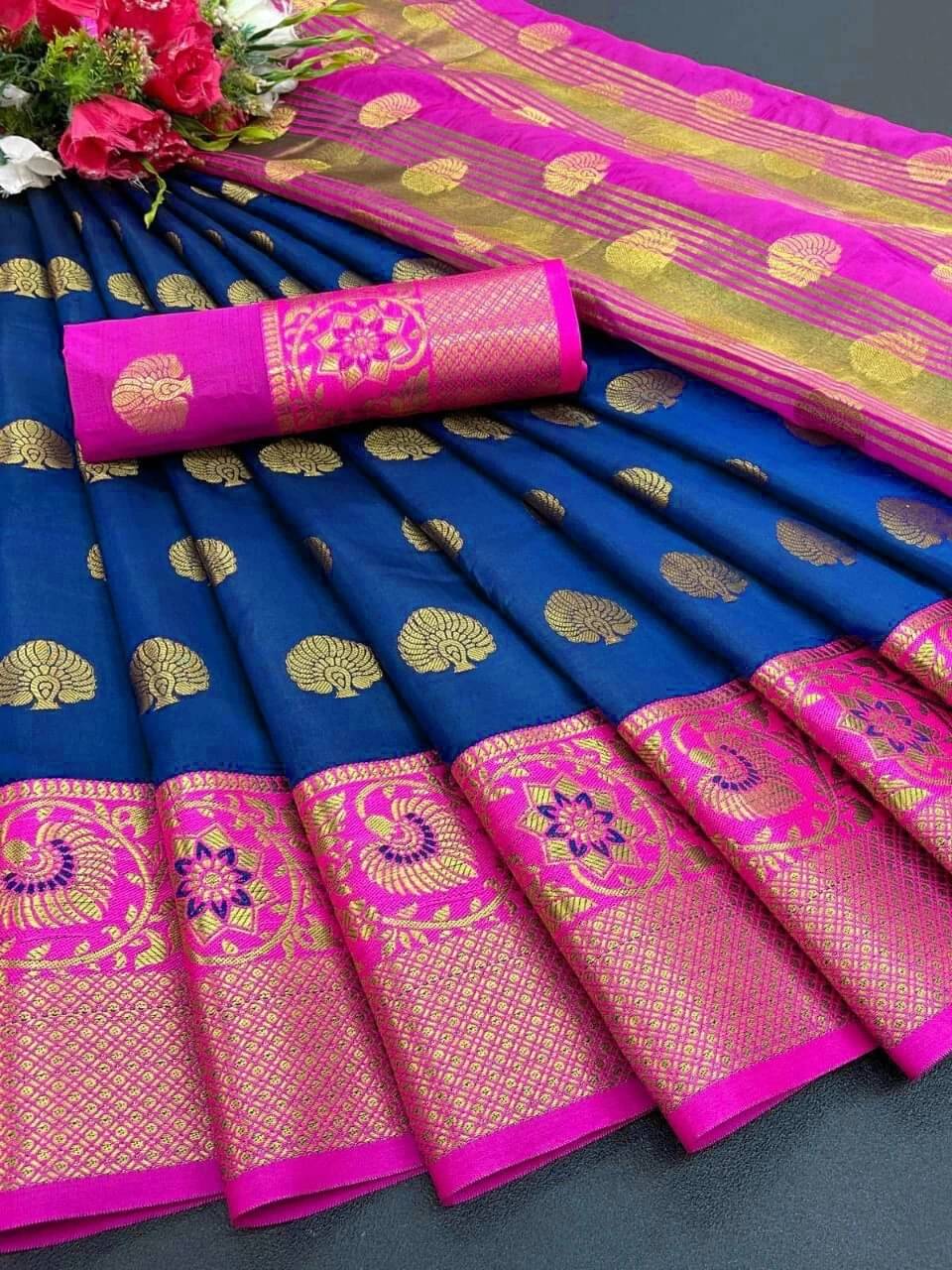 Krisha Enterprise Cotton Blend Woven Regular Saree With Unstitched Blouse Piece ( Blue )     			Krisha Enterprise Cotton Blend Woven Regular Saree With Unstitched Blouse Piece ( Blue )