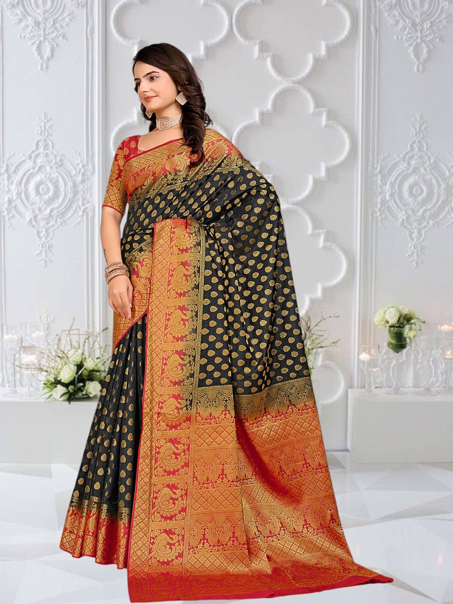 Krisha Enterprise Cotton Blend Woven Regular Saree With Unstitched Blouse Piece ( Black ) Krisha Enterprise Cotton Blend Woven Regular Saree With Unstitched Blouse Piece ( Black )