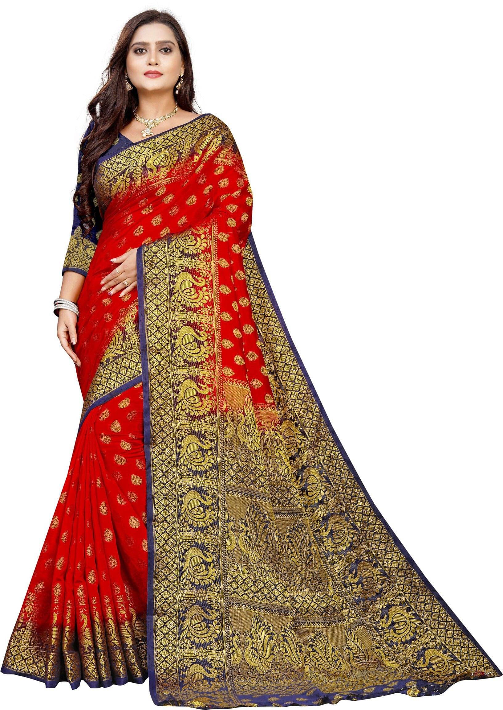     			Krisha Enterprise Cotton Blend Woven Regular Saree With Unstitched Blouse Piece ( Red )