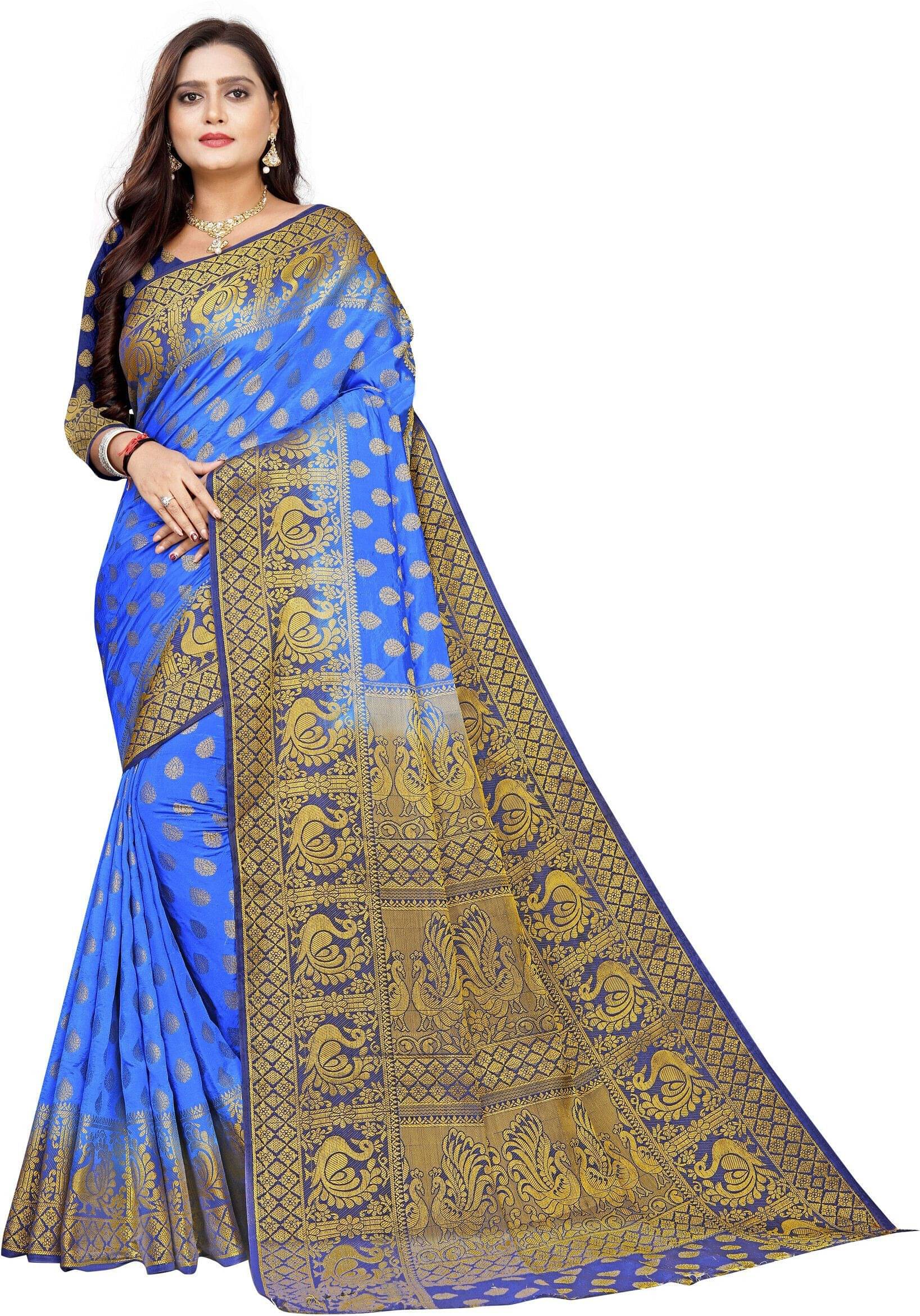    			Krisha Enterprise Cotton Blend Woven Regular Saree With Unstitched Blouse Piece ( Light Blue )