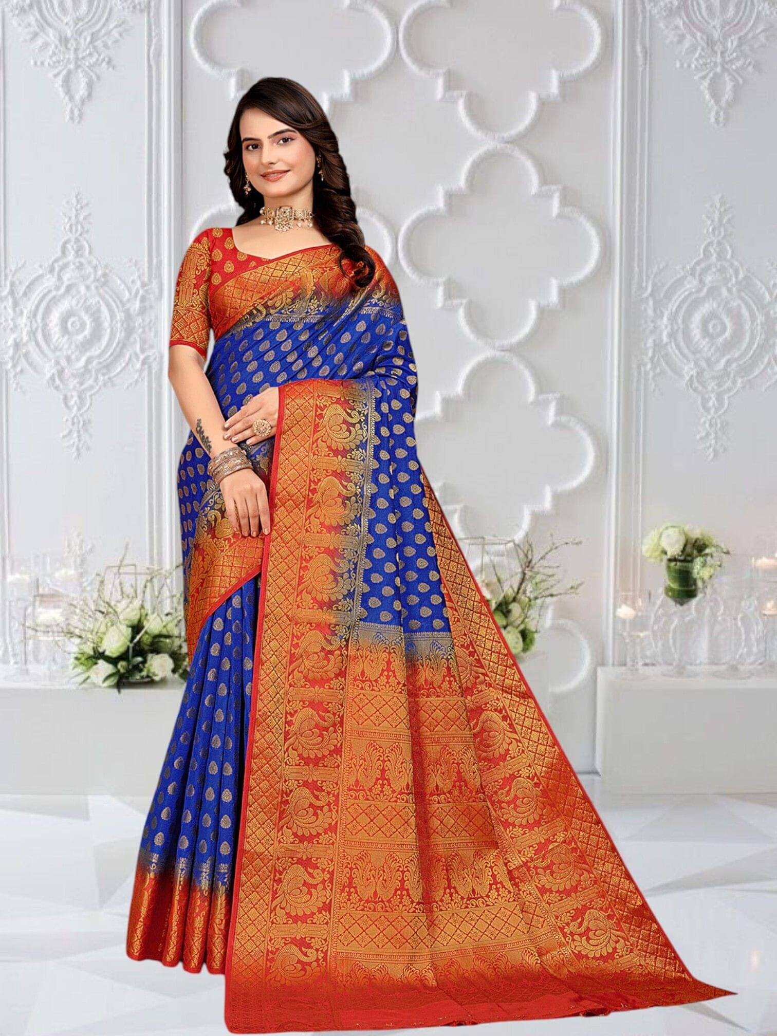 Krisha Enterprise Cotton Blend Woven Regular Saree With Unstitched Blouse Piece ( Multicolor 5 )     			Krisha Enterprise Cotton Blend Woven Regular Saree With Unstitched Blouse Piece ( Multicolor 5 )