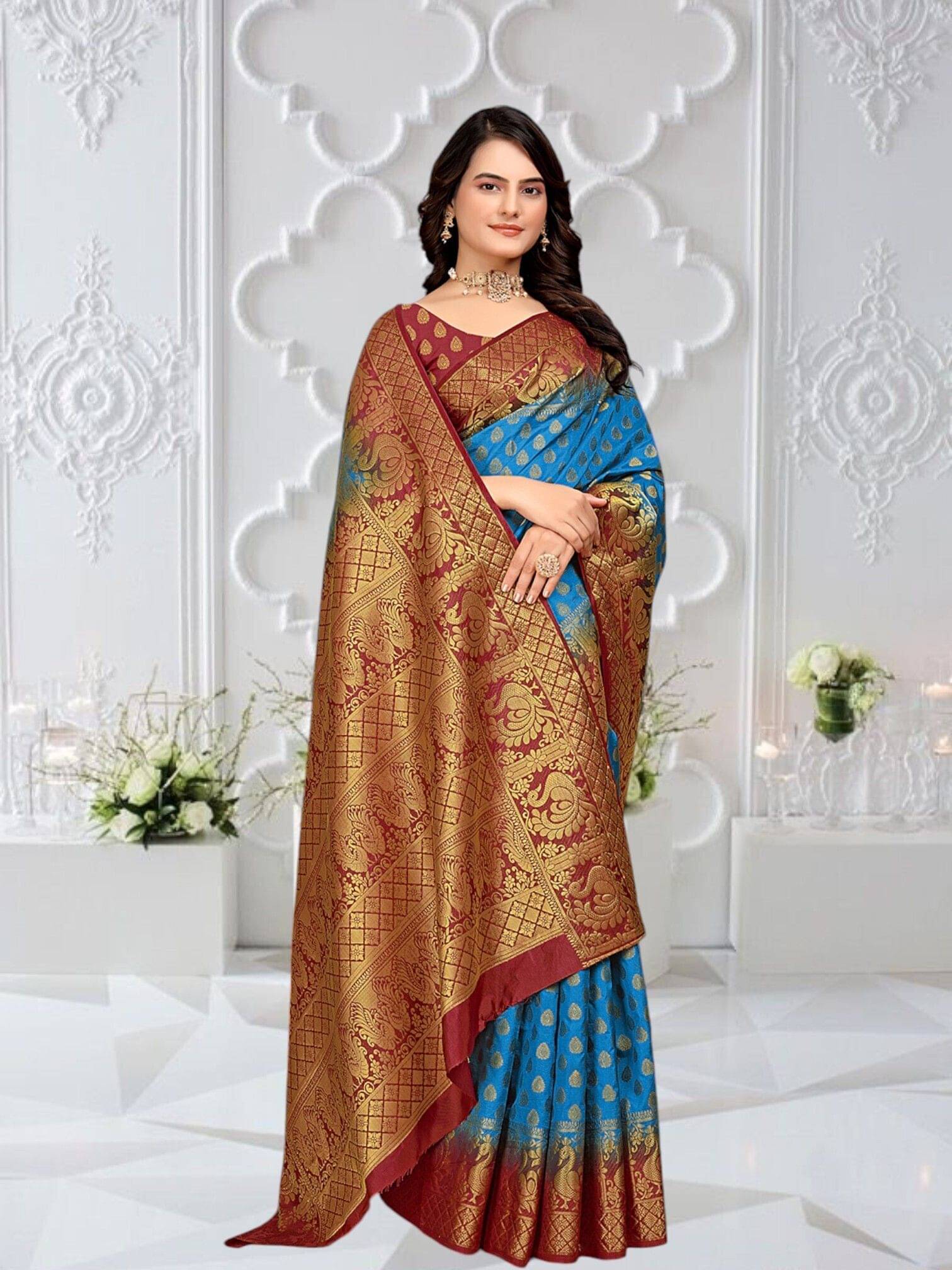 Krisha Enterprise Cotton Blend Woven Regular Saree With Unstitched Blouse Piece ( Multicolor 5 ) Krisha Enterprise Cotton Blend Woven Regular Saree With Unstitched Blouse Piece ( Multicolor 5 )