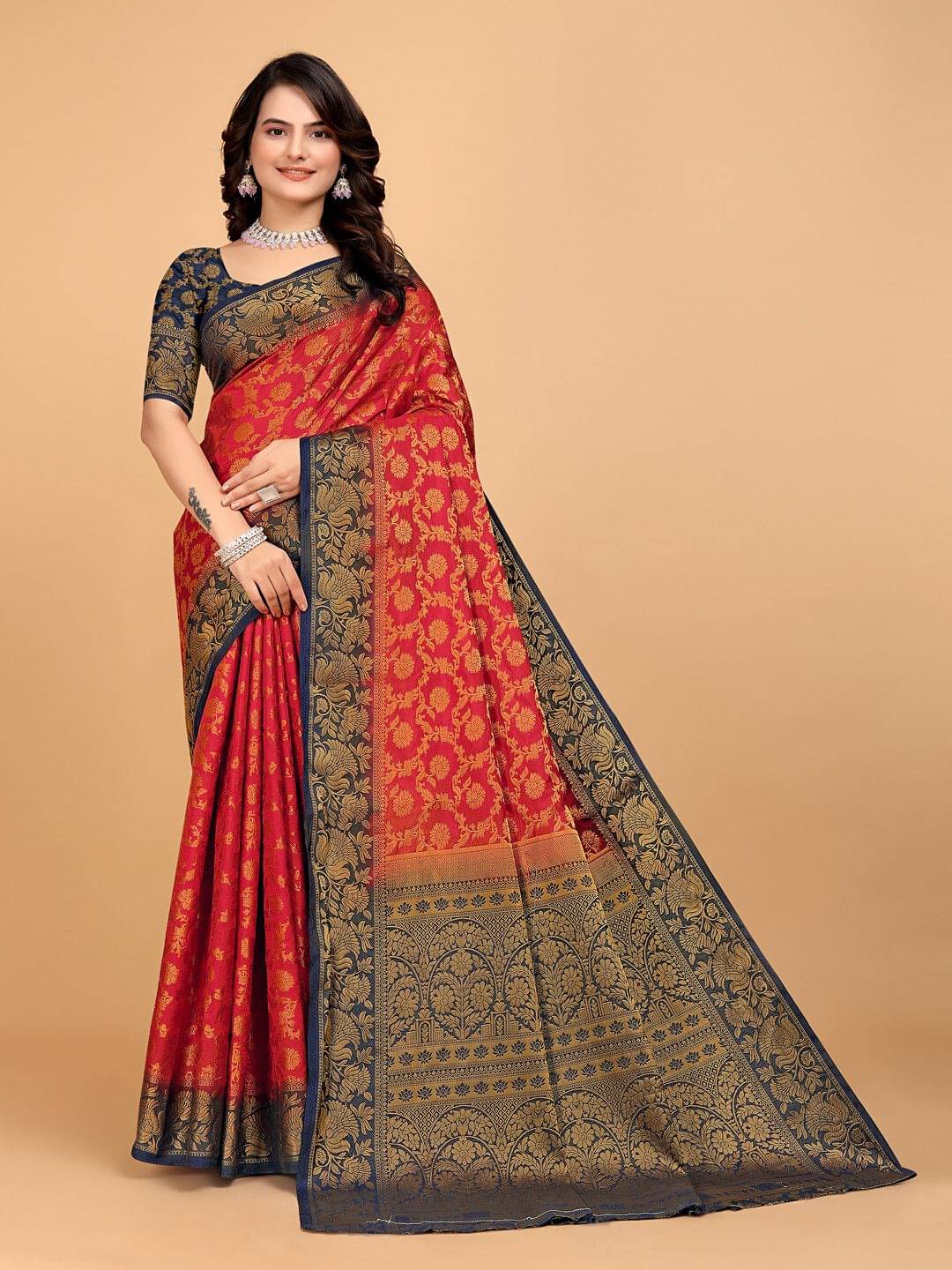     			Krisha Enterprise Cotton Blend Woven Regular Saree With Unstitched Blouse Piece ( Red )
