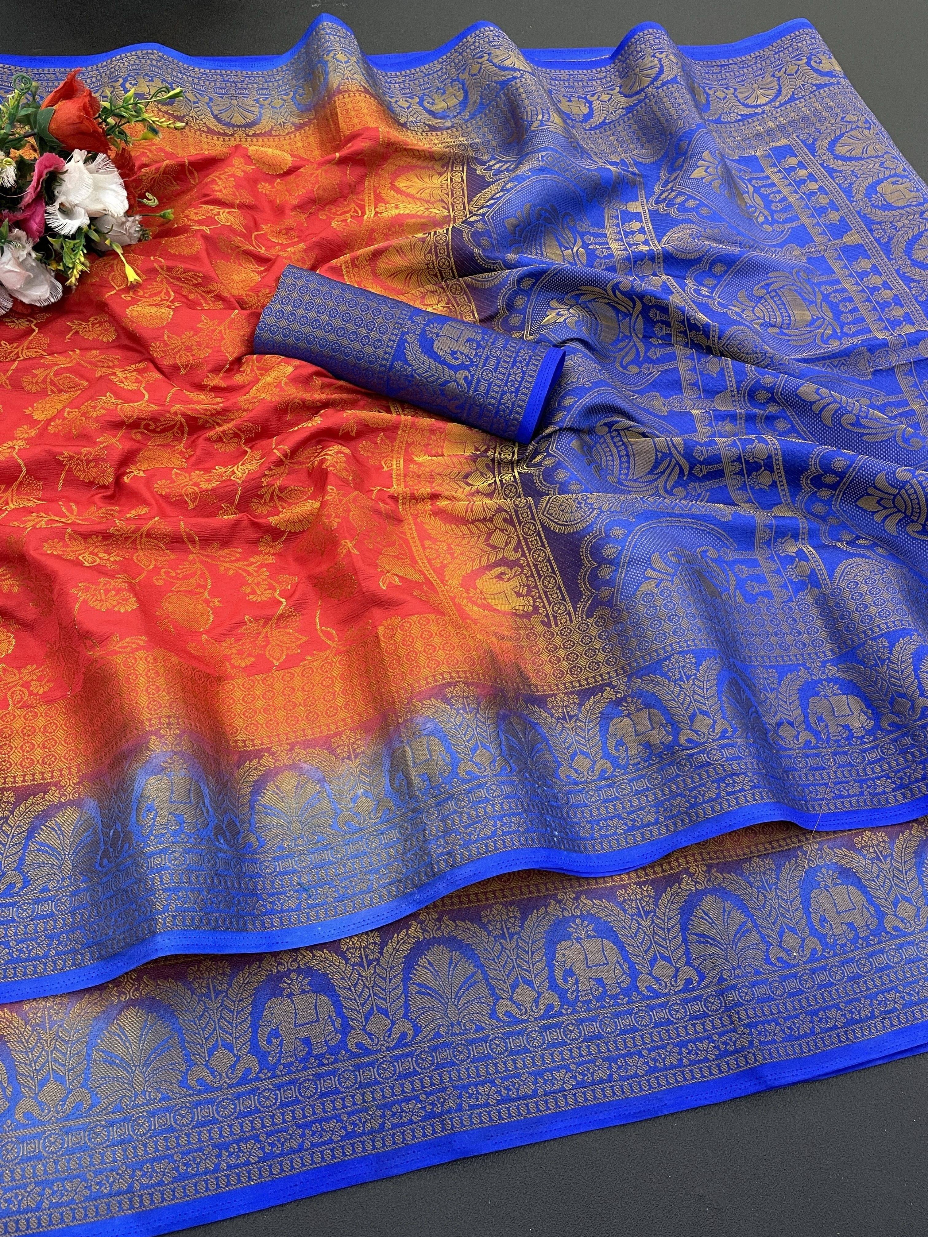     			Krisha Enterprise Cotton Blend Woven Regular Saree With Unstitched Blouse Piece ( Multicolor 19 )