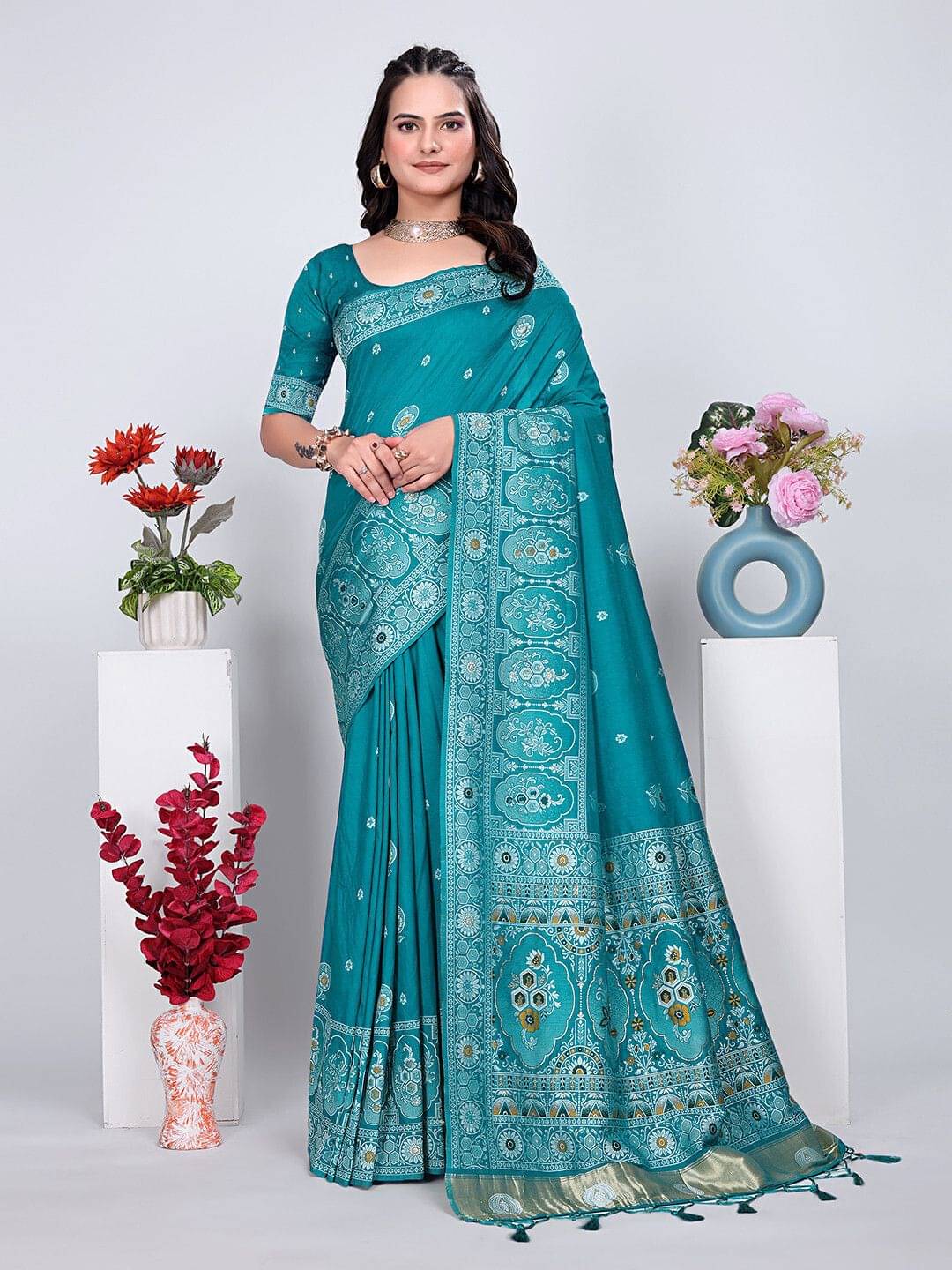     			Krisha Enterprise Cotton Blend Woven Regular Saree With Unstitched Blouse Piece ( Blue )