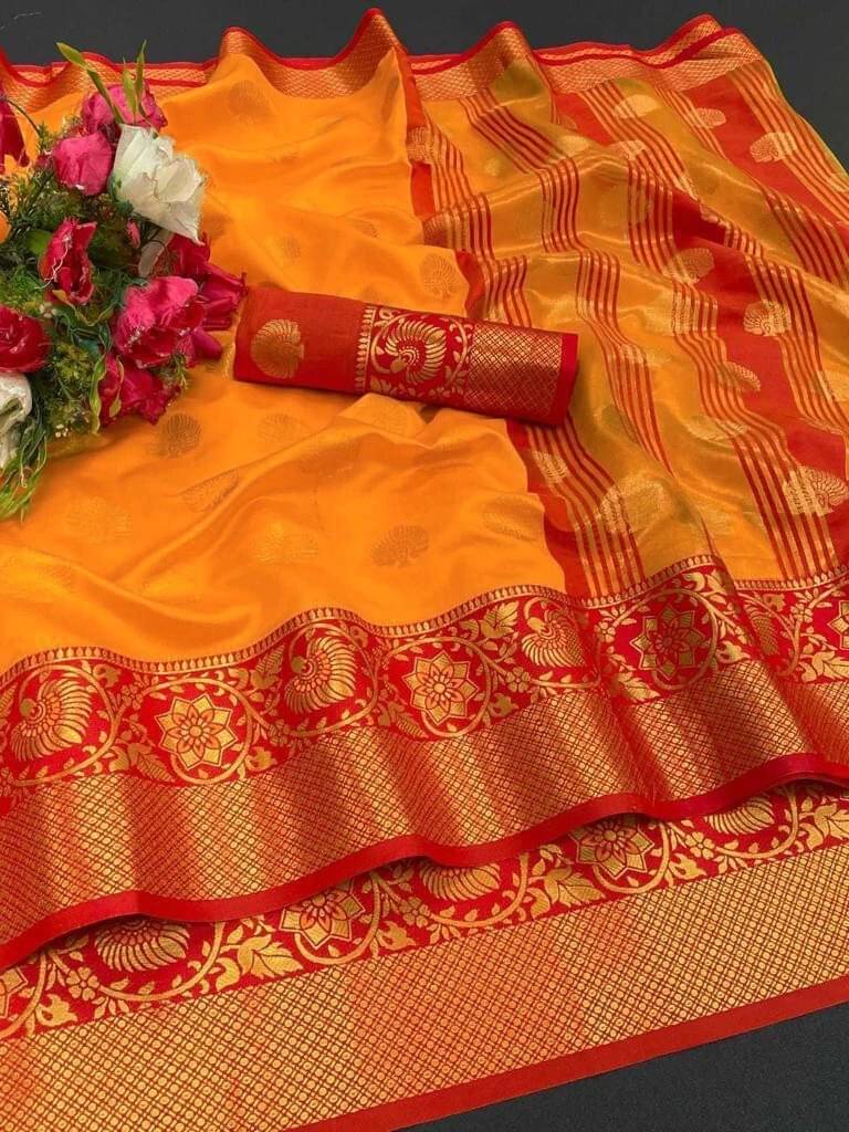 Krisha Enterprise Cotton Blend Woven Regular Saree With Unstitched Blouse Piece ( Orange ) Krisha Enterprise Cotton Blend Woven Regular Saree With Unstitched Blouse Piece ( Orange )