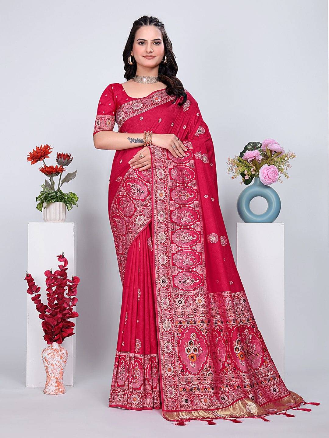 Krisha Enterprise Cotton Blend Woven Regular Saree With Unstitched Blouse Piece ( Pink )     			Krisha Enterprise Cotton Blend Woven Regular Saree With Unstitched Blouse Piece ( Pink )