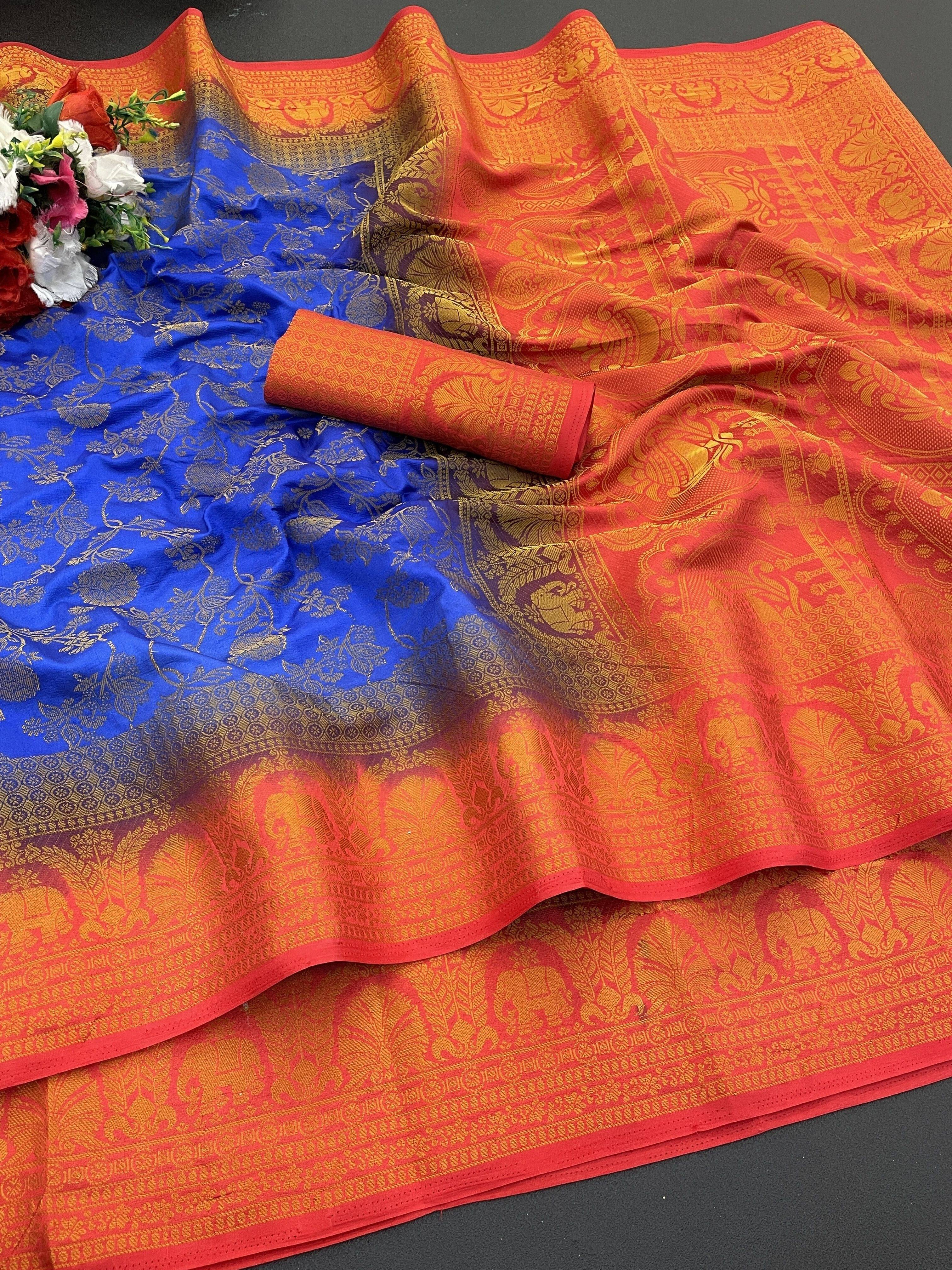     			Krisha Enterprise Cotton Blend Woven Regular Saree With Unstitched Blouse Piece ( Multicolor )