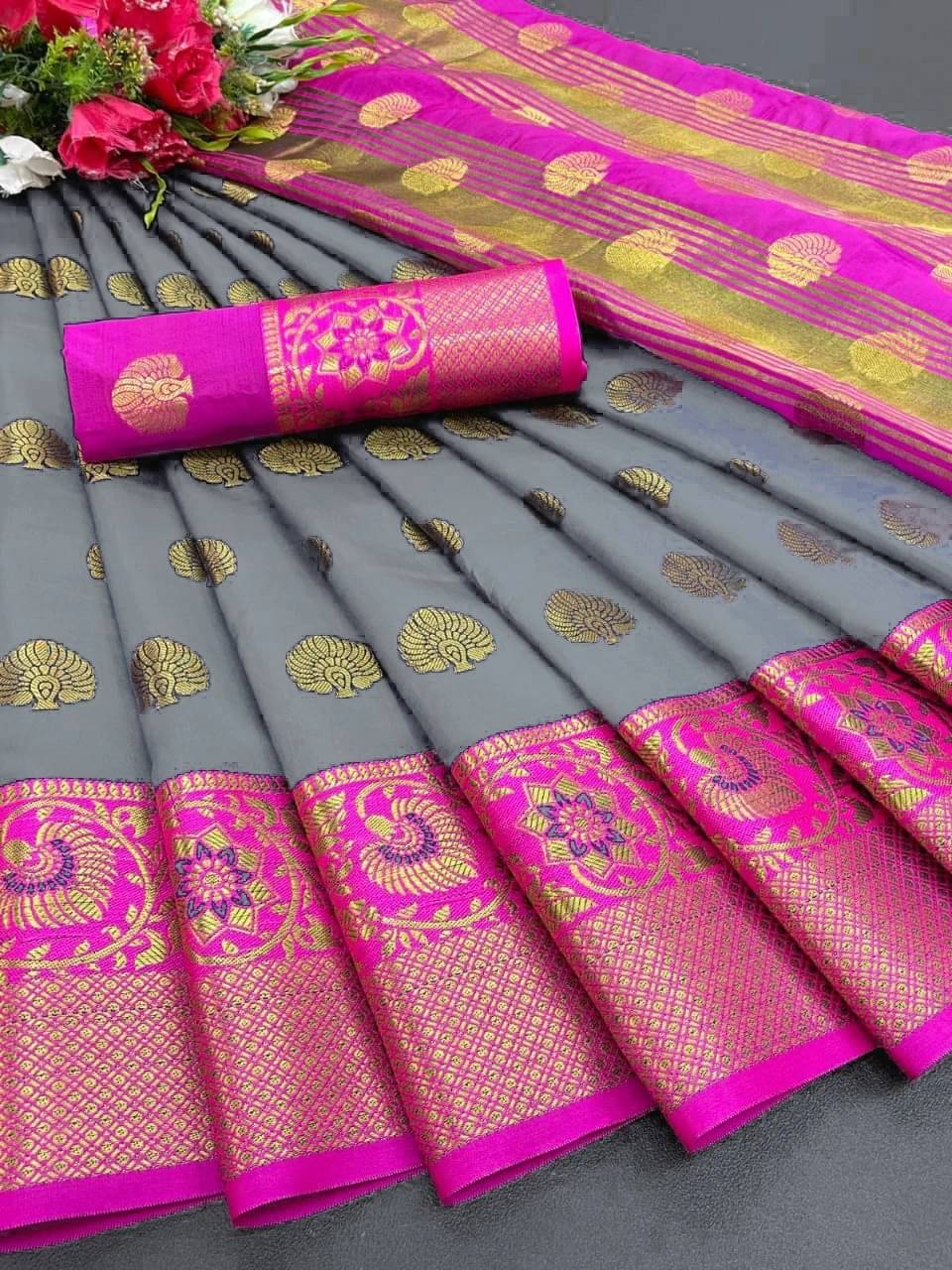 Krisha Enterprise Cotton Blend Woven Regular Saree With Unstitched Blouse Piece ( Grey ) Krisha Enterprise Cotton Blend Woven Regular Saree With Unstitched Blouse Piece ( Grey )