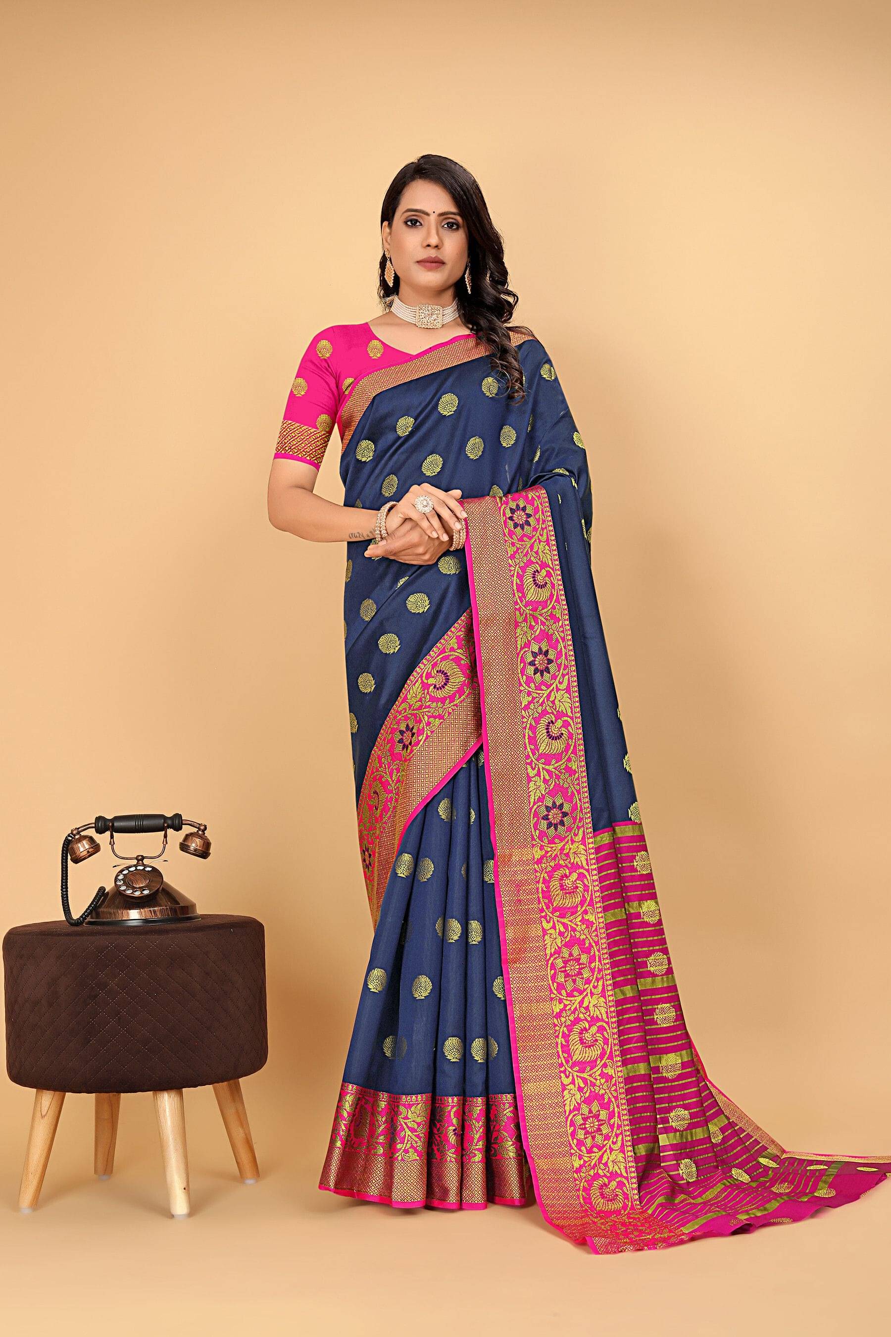     			Krisha Enterprise Cotton Blend Woven Regular Saree With Unstitched Blouse Piece ( Navy Blue )