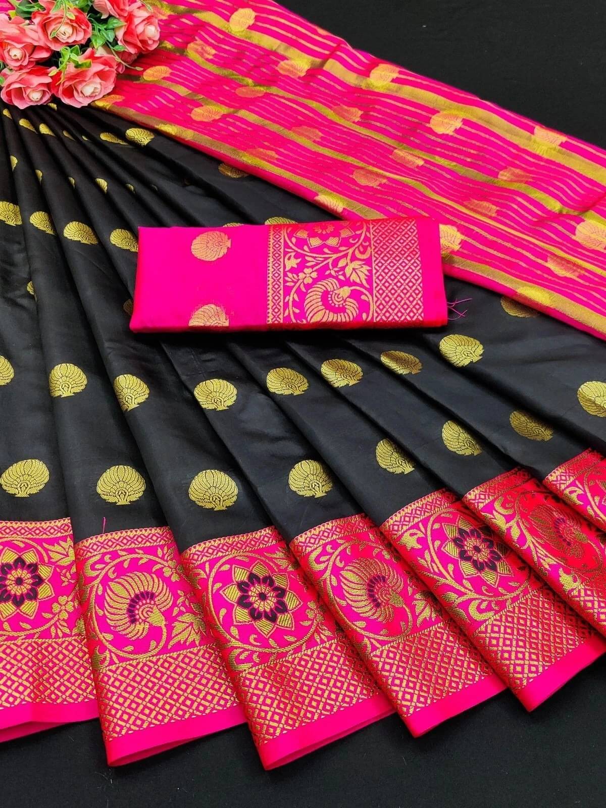 Krisha Enterprise Cotton Blend Woven Regular Saree With Unstitched Blouse Piece ( Black ) Krisha Enterprise Cotton Blend Woven Regular Saree With Unstitched Blouse Piece ( Black )