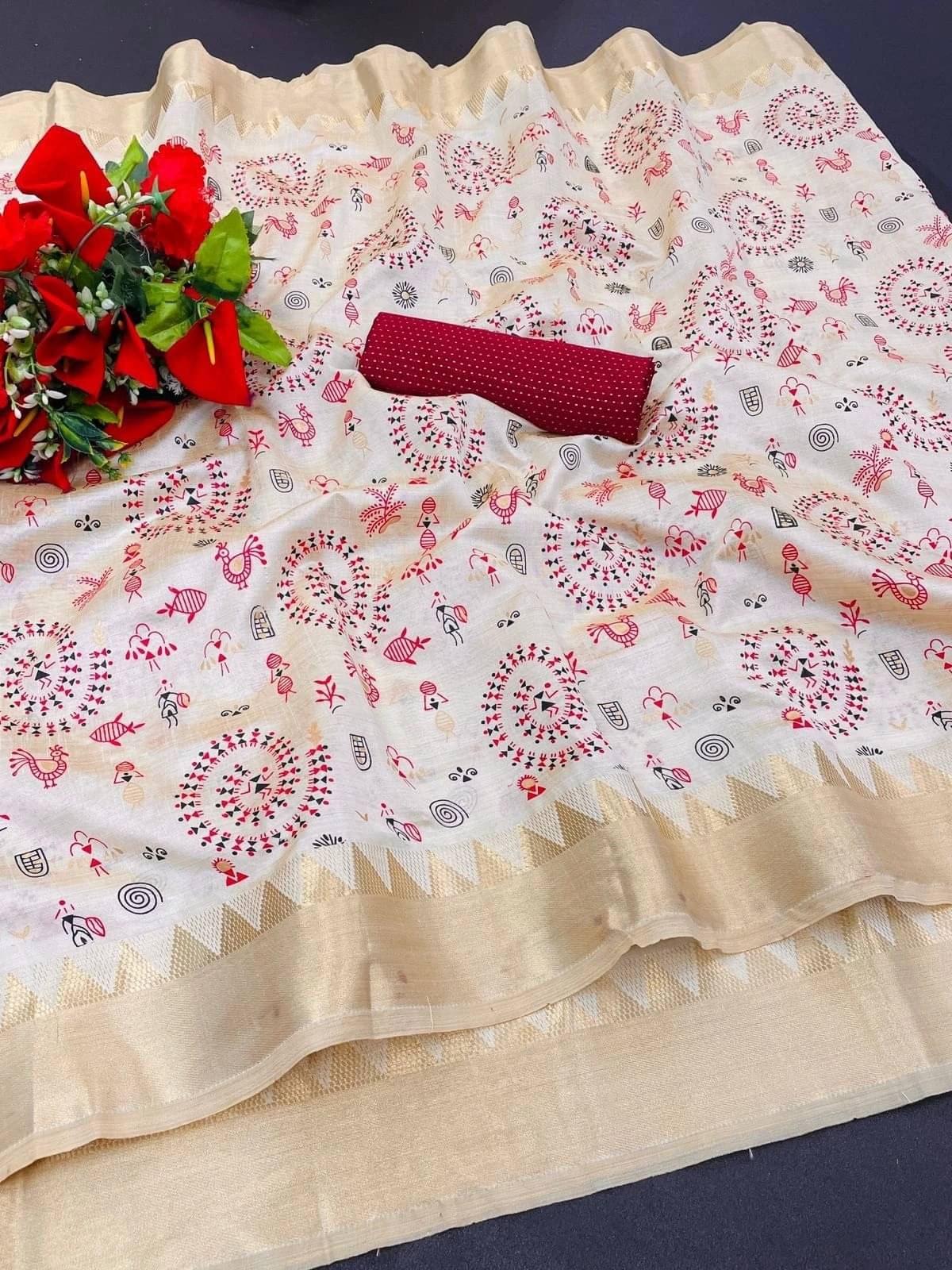 Krisha Enterprise Cotton Blend Woven Regular Saree With Unstitched Blouse Piece ( Cream )     			Krisha Enterprise Cotton Blend Woven Regular Saree With Unstitched Blouse Piece ( Cream )