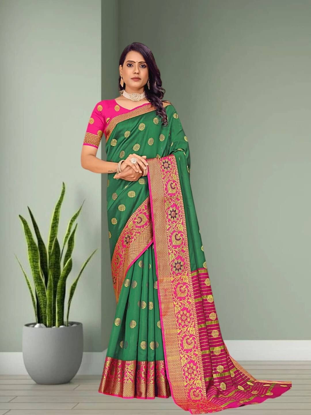     			Krisha Enterprise Cotton Blend Woven Regular Saree With Unstitched Blouse Piece ( Green )