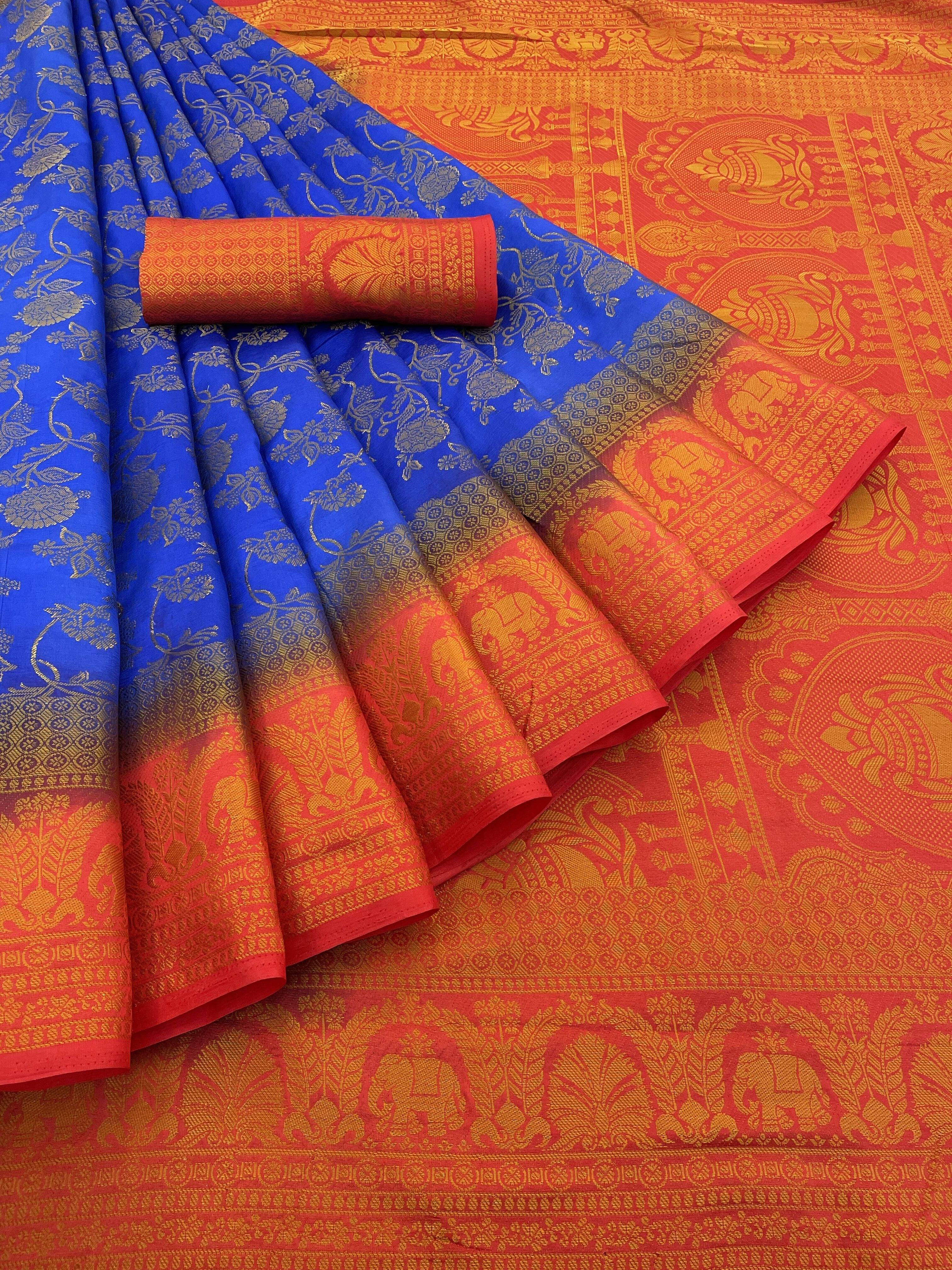     			Krisha Enterprise Cotton Blend Woven Regular Saree With Unstitched Blouse Piece ( Multicolor )